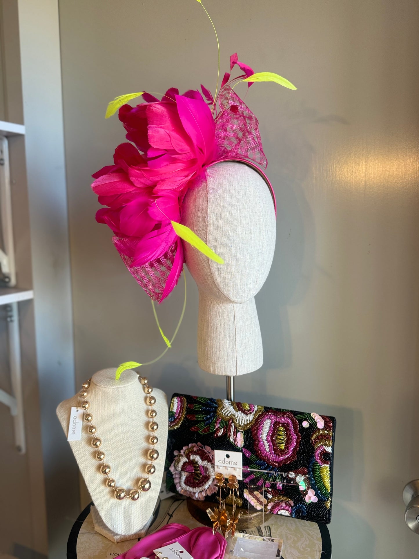 “Montanna” hot pink & neon feather fascinator