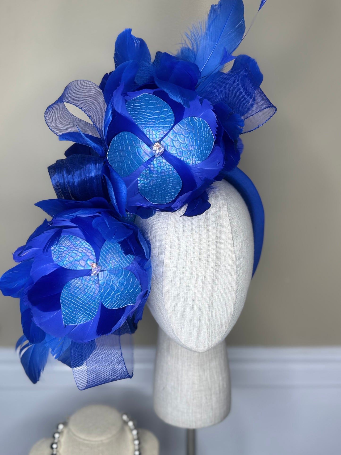 “Farrah” blue feather statement fascinator