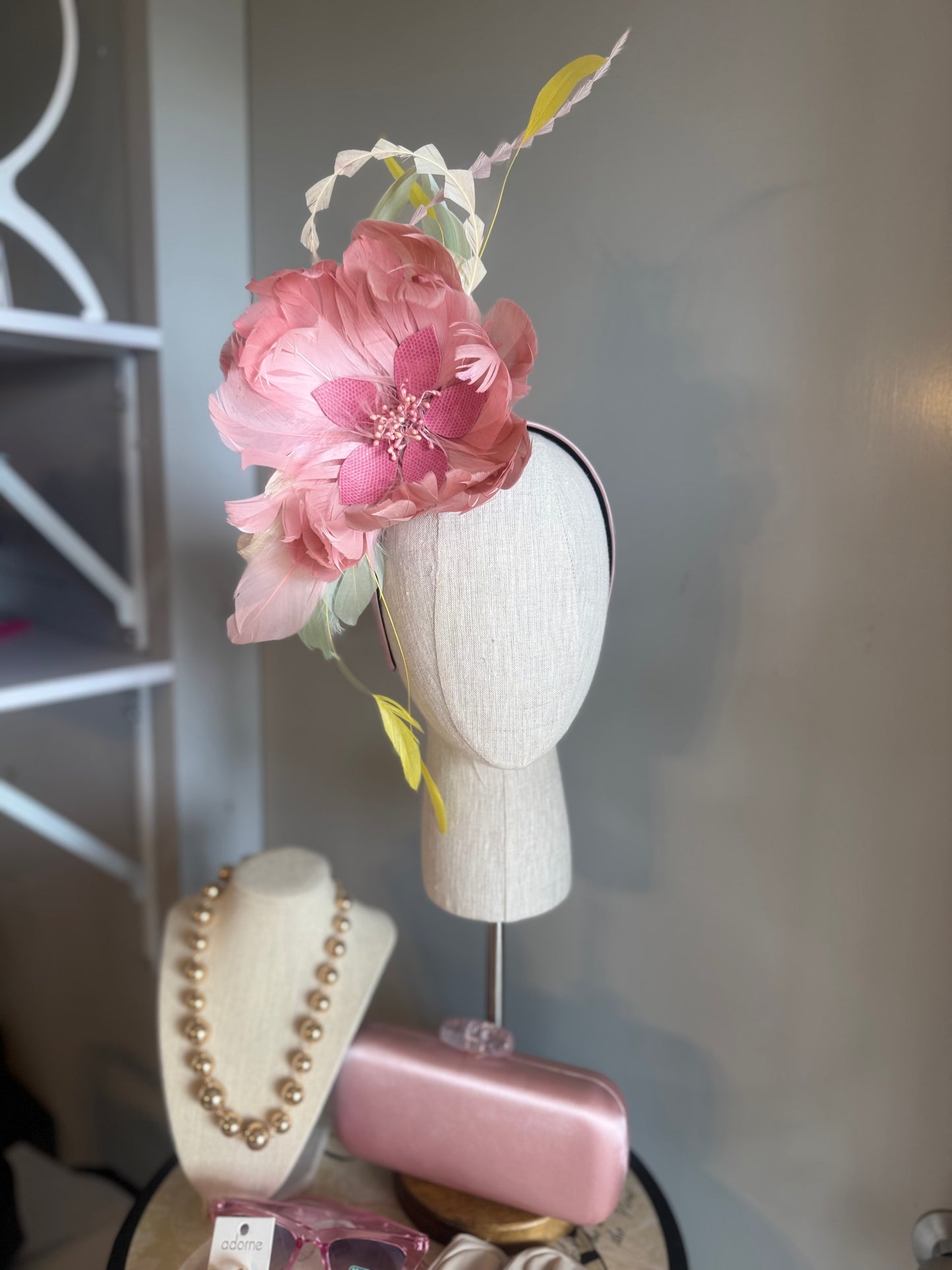 “Fleur” soft pinks,greens & yellow feather floral