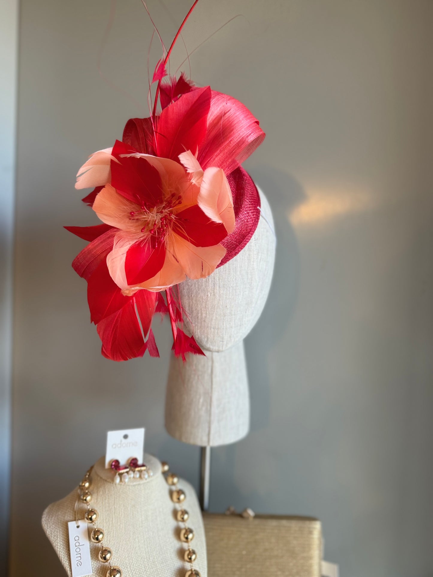 “Sara” coral & red floral fascinator