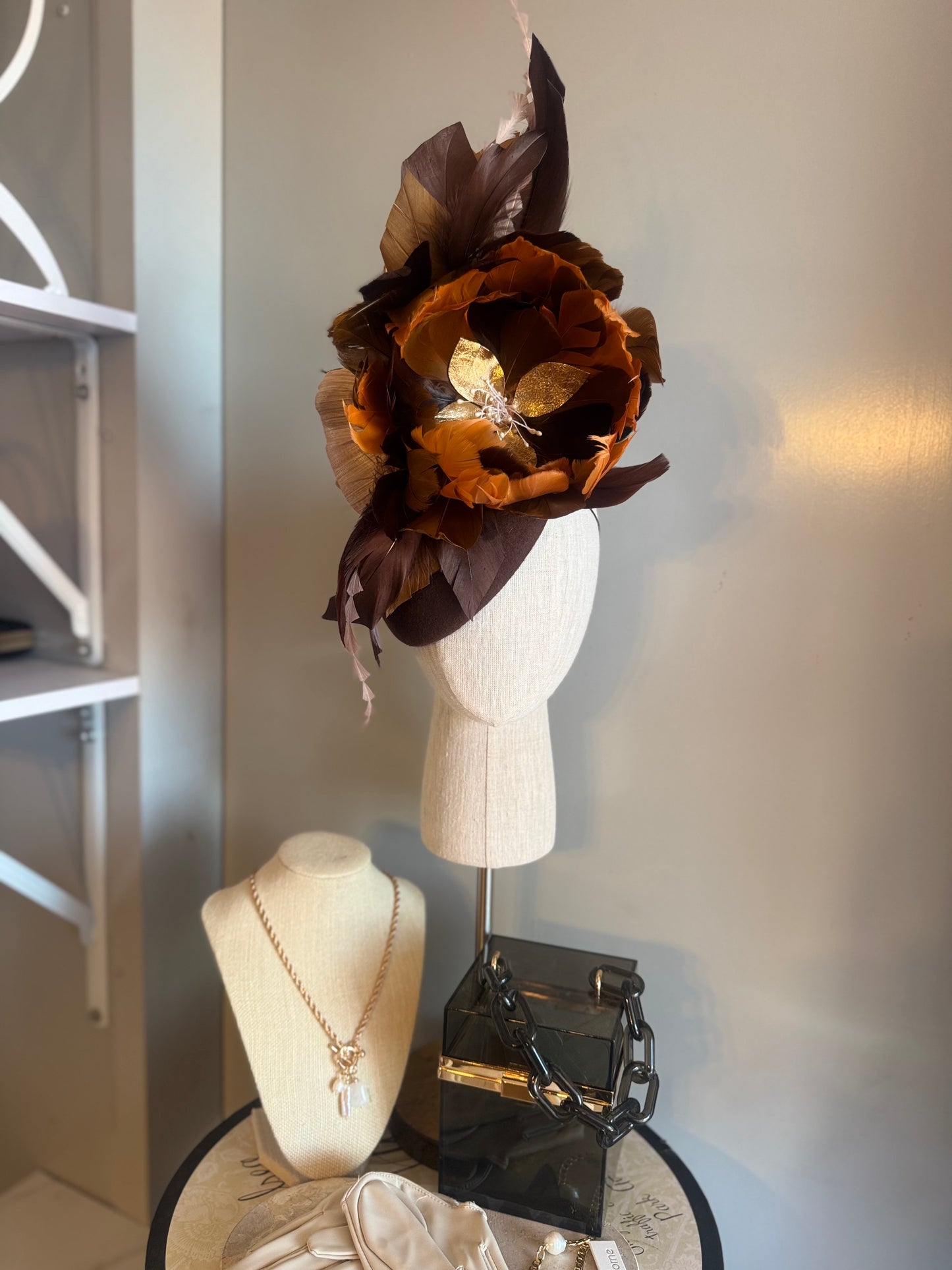 “Jilly” brown & burnt orange feather pillbox