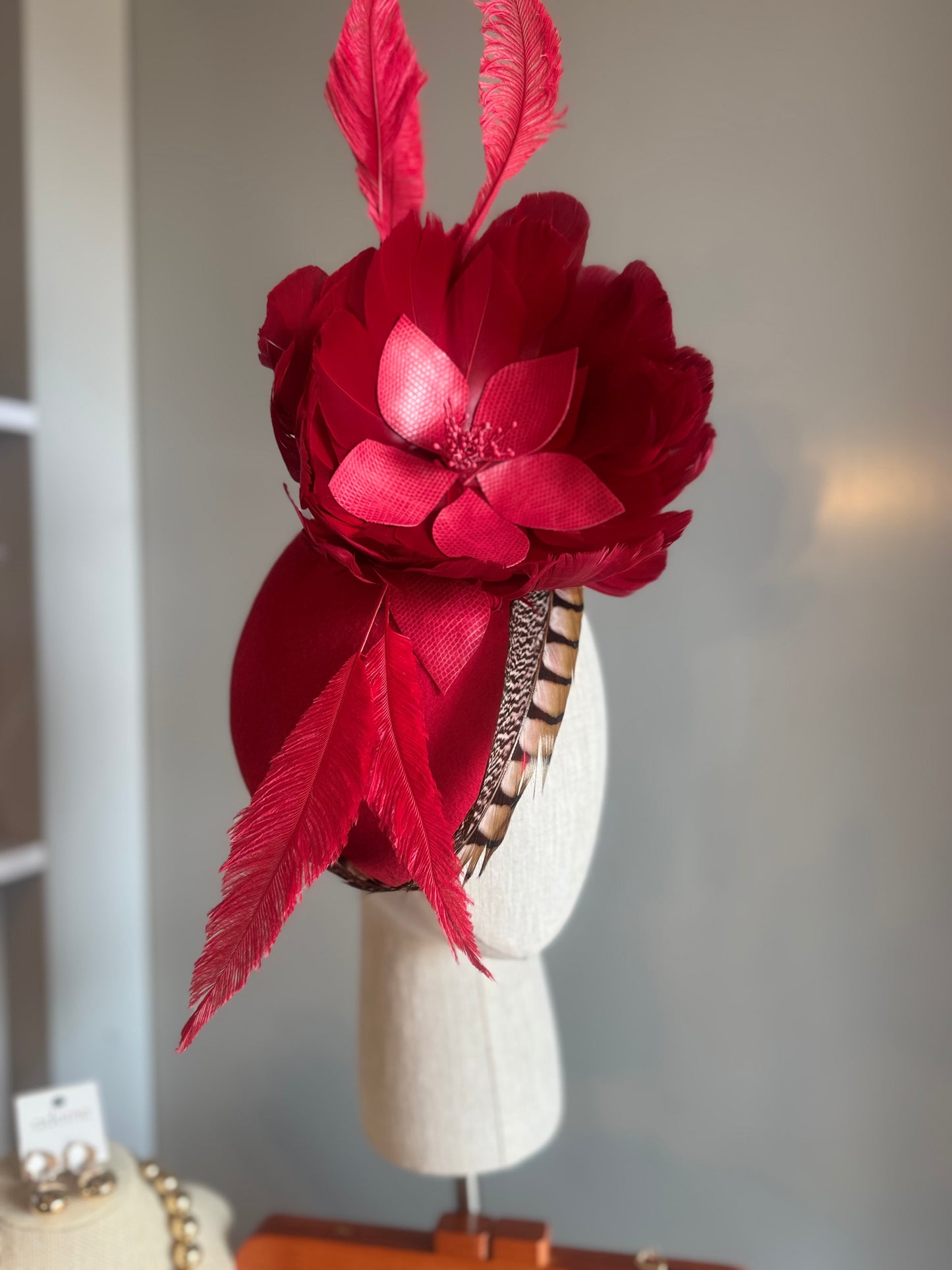 “Dixie” Red feather felt/wool pillbox