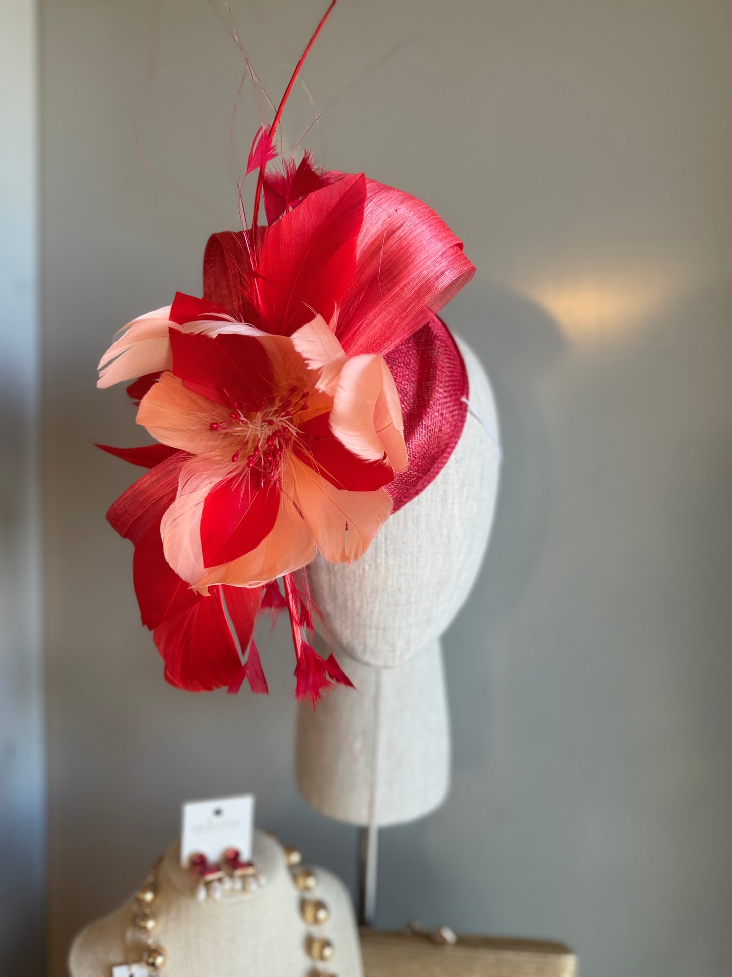 “Sara” coral & red floral fascinator