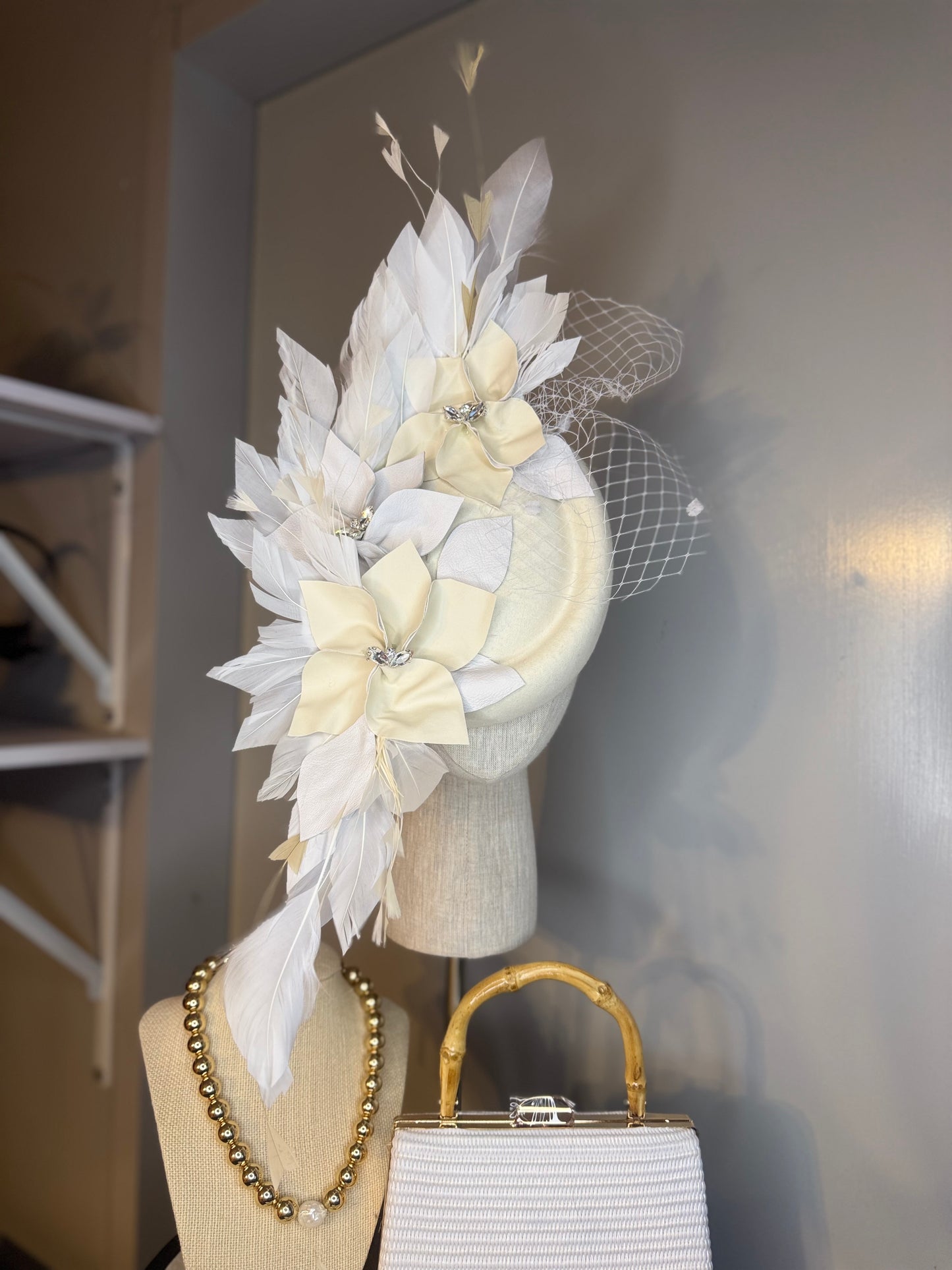 “Claudette” white & cream leather felt/ wool and feather statement