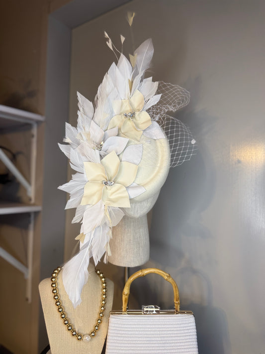 “Claudette” white & cream leather felt/ wool and feather statement