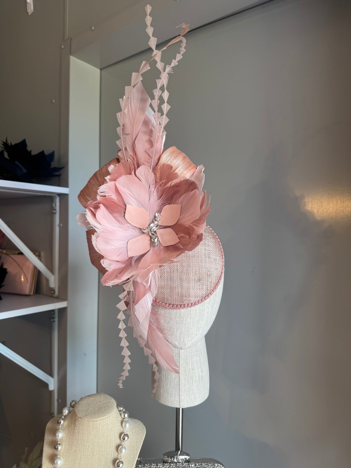 “Melinda” blush pink feather statement