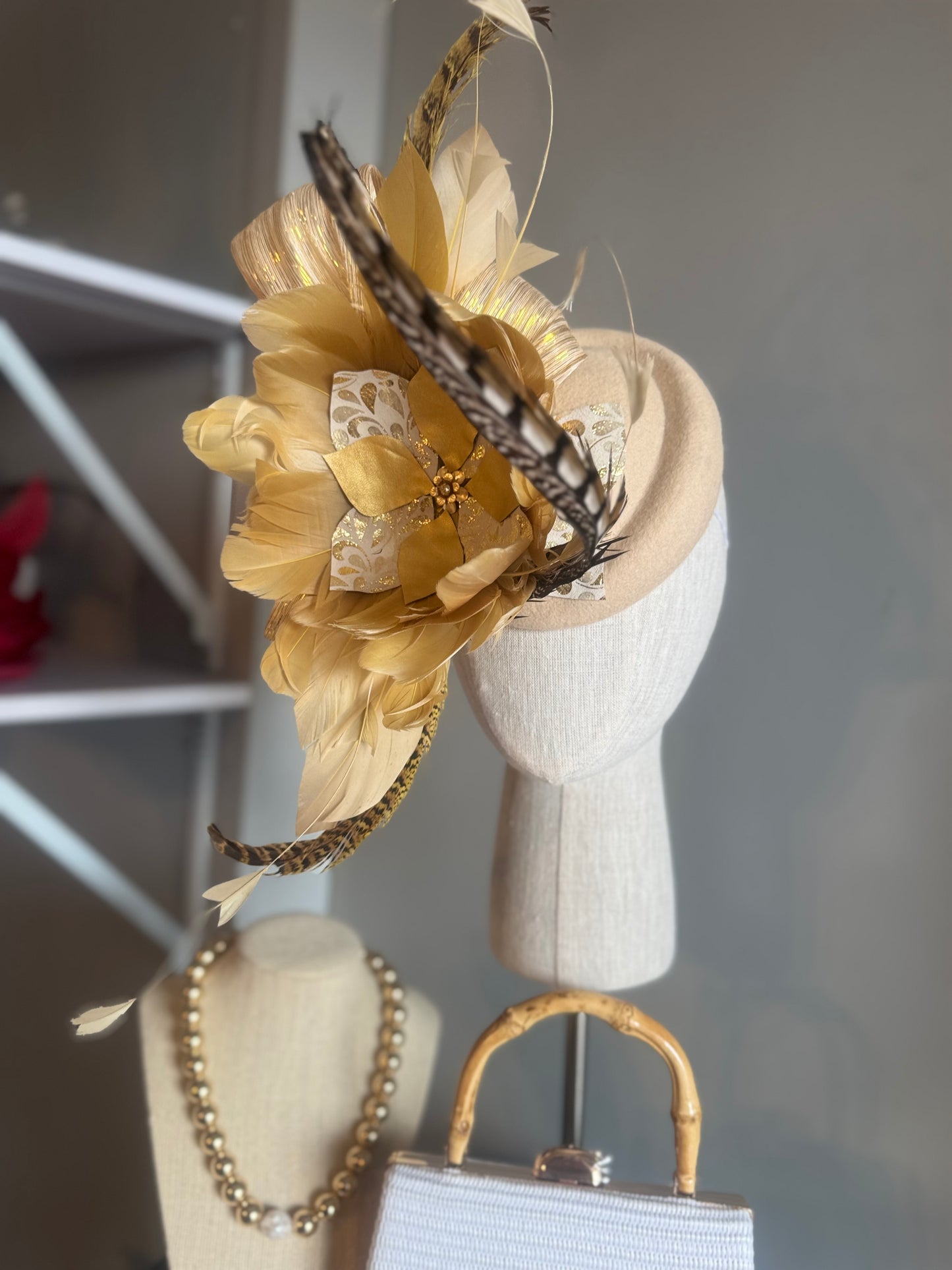 “Lettie” Gold & cream felt/wool pillbox