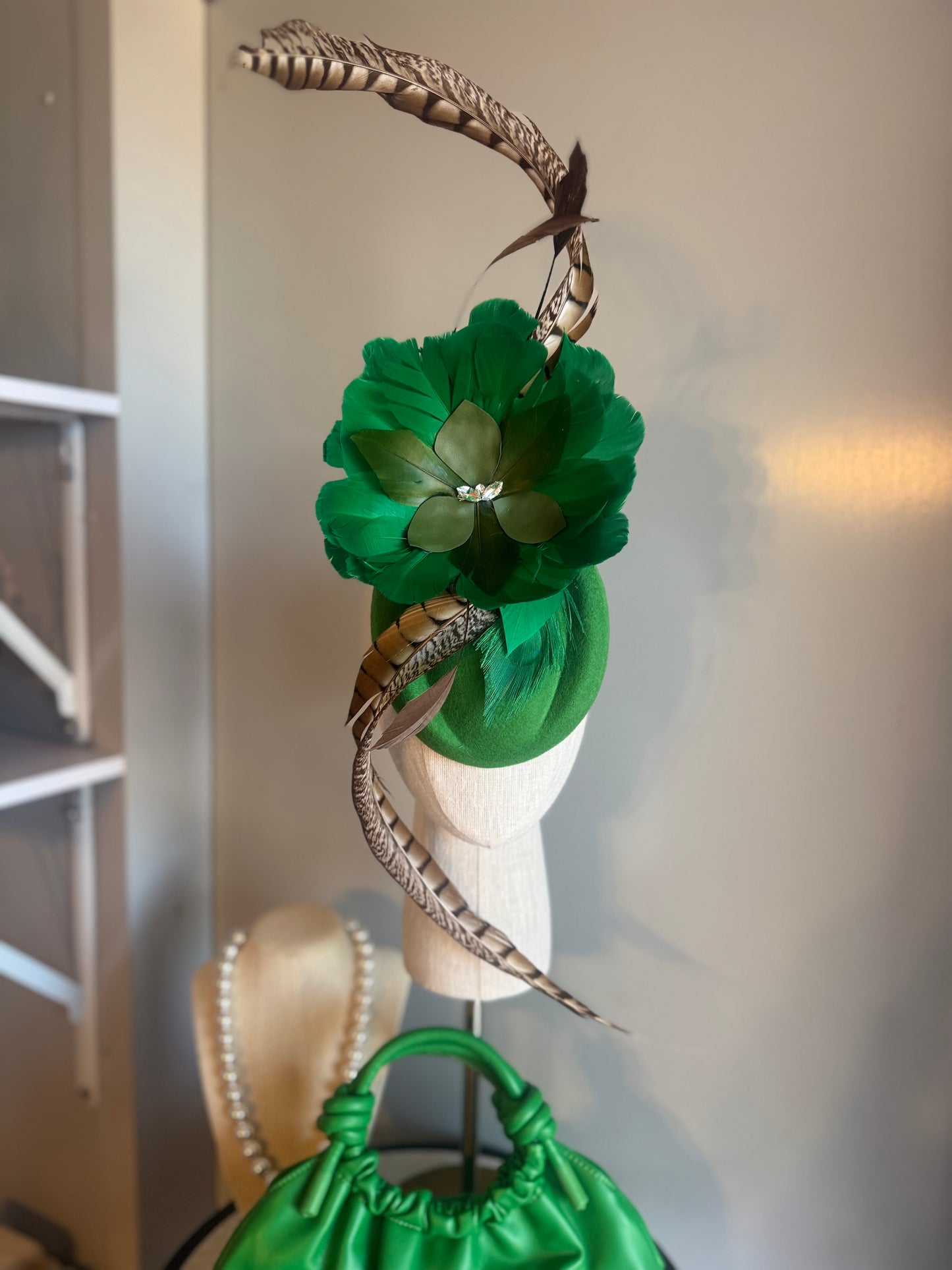 “Sim” Green feather statement pillbox