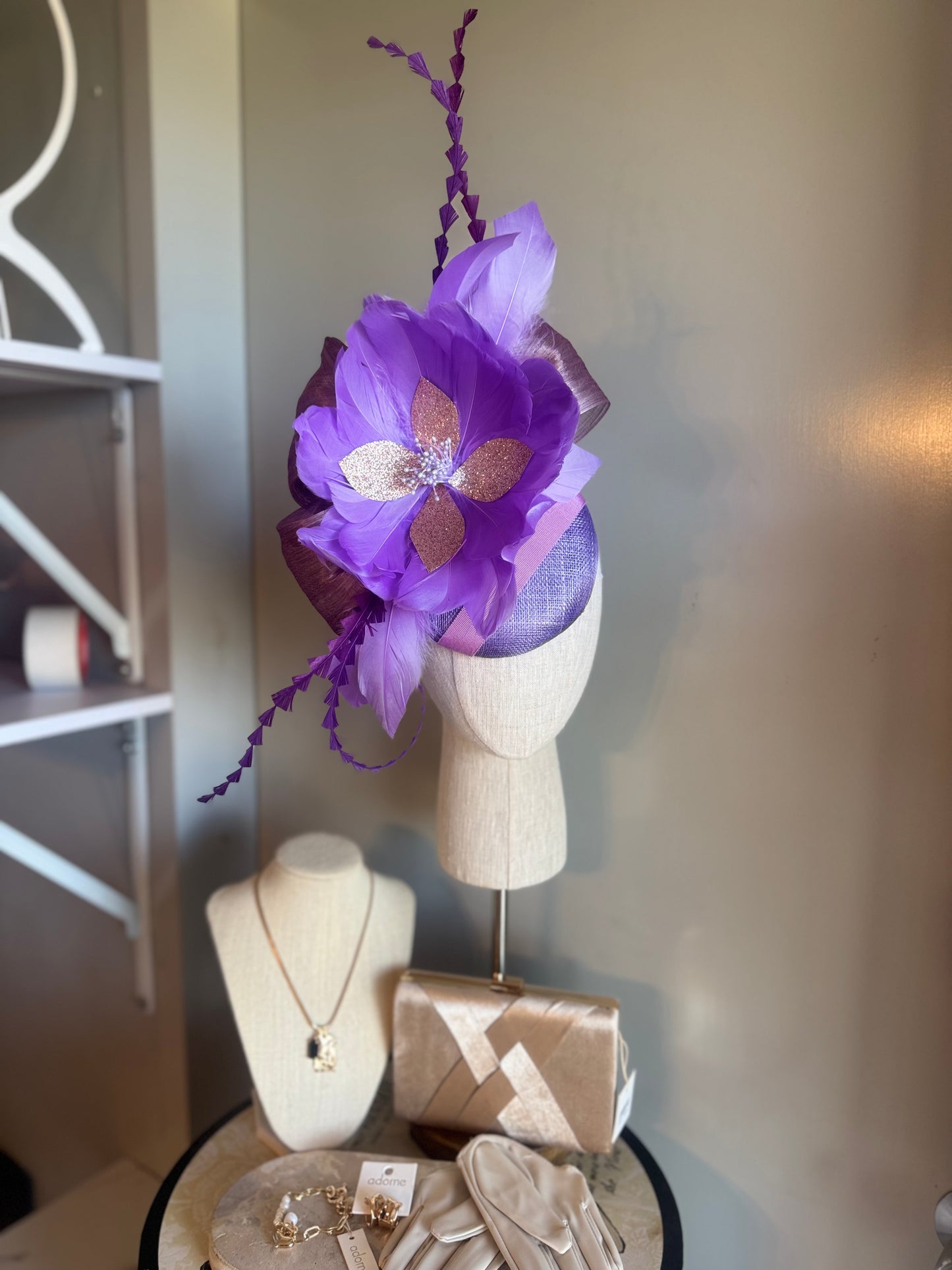 “Audrey” purple lilac rose gold feather floral