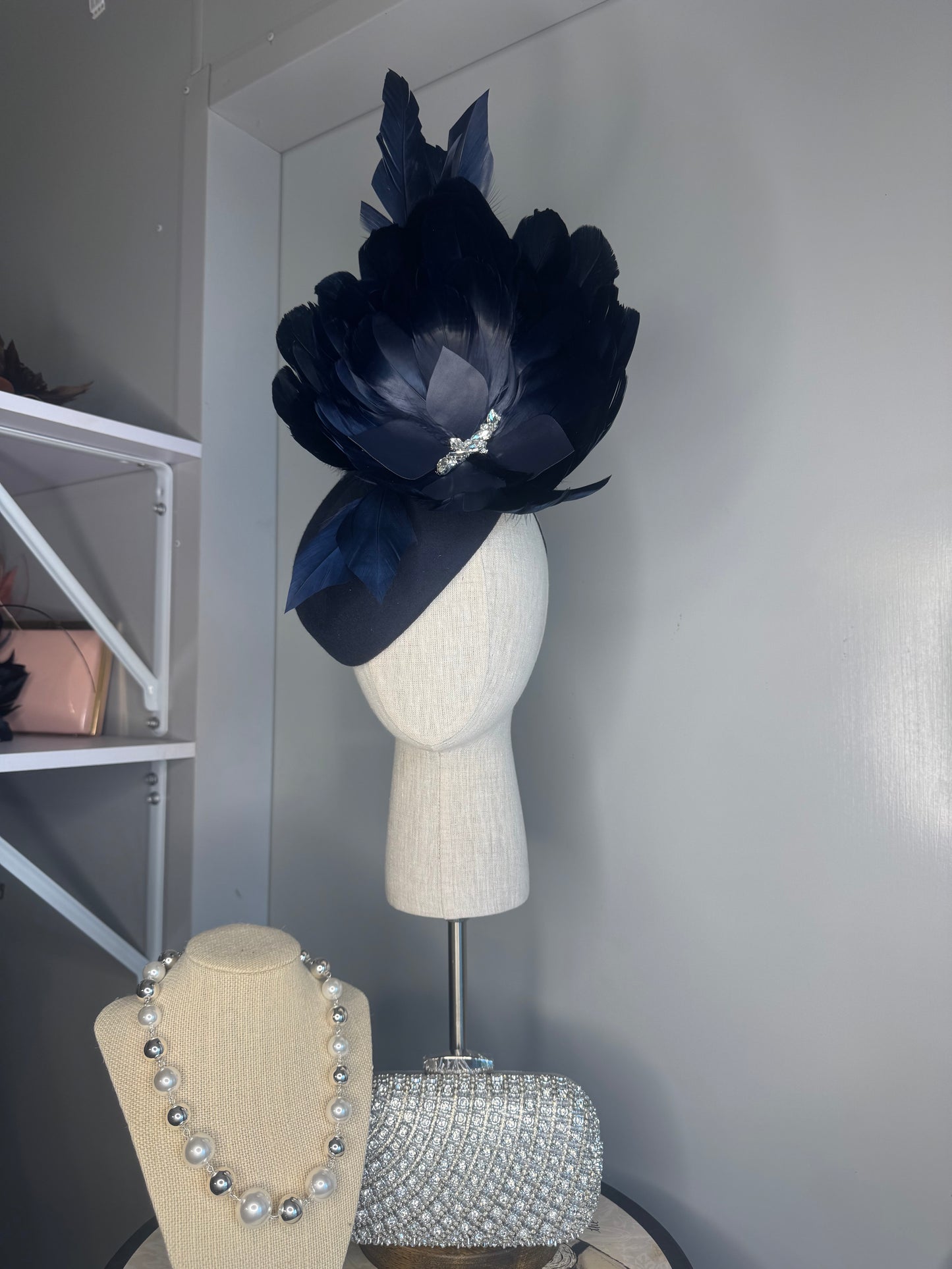 “Courtney” Navy blue feather statement pillbox