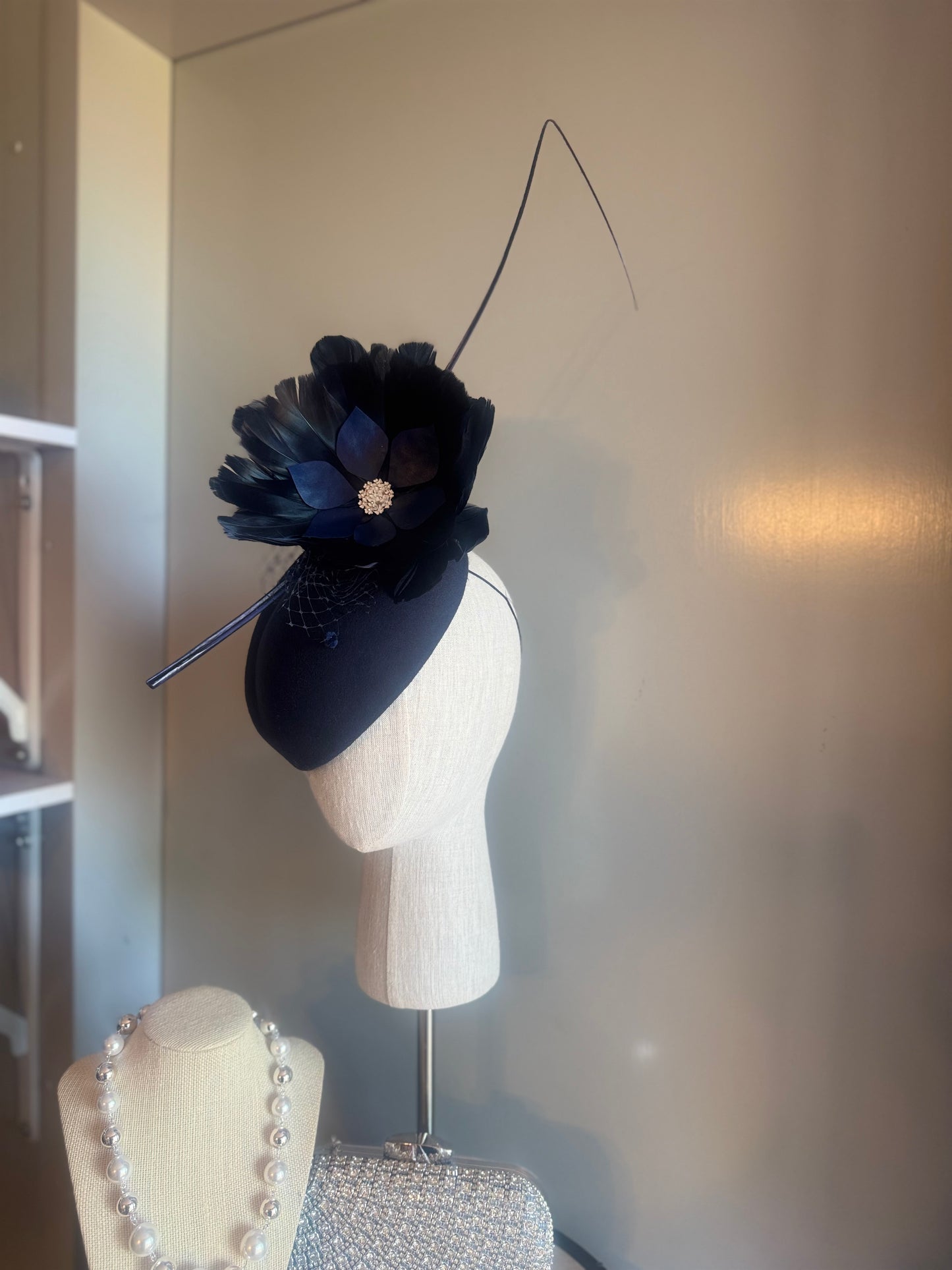 “Claudia” Navy feather pillbox