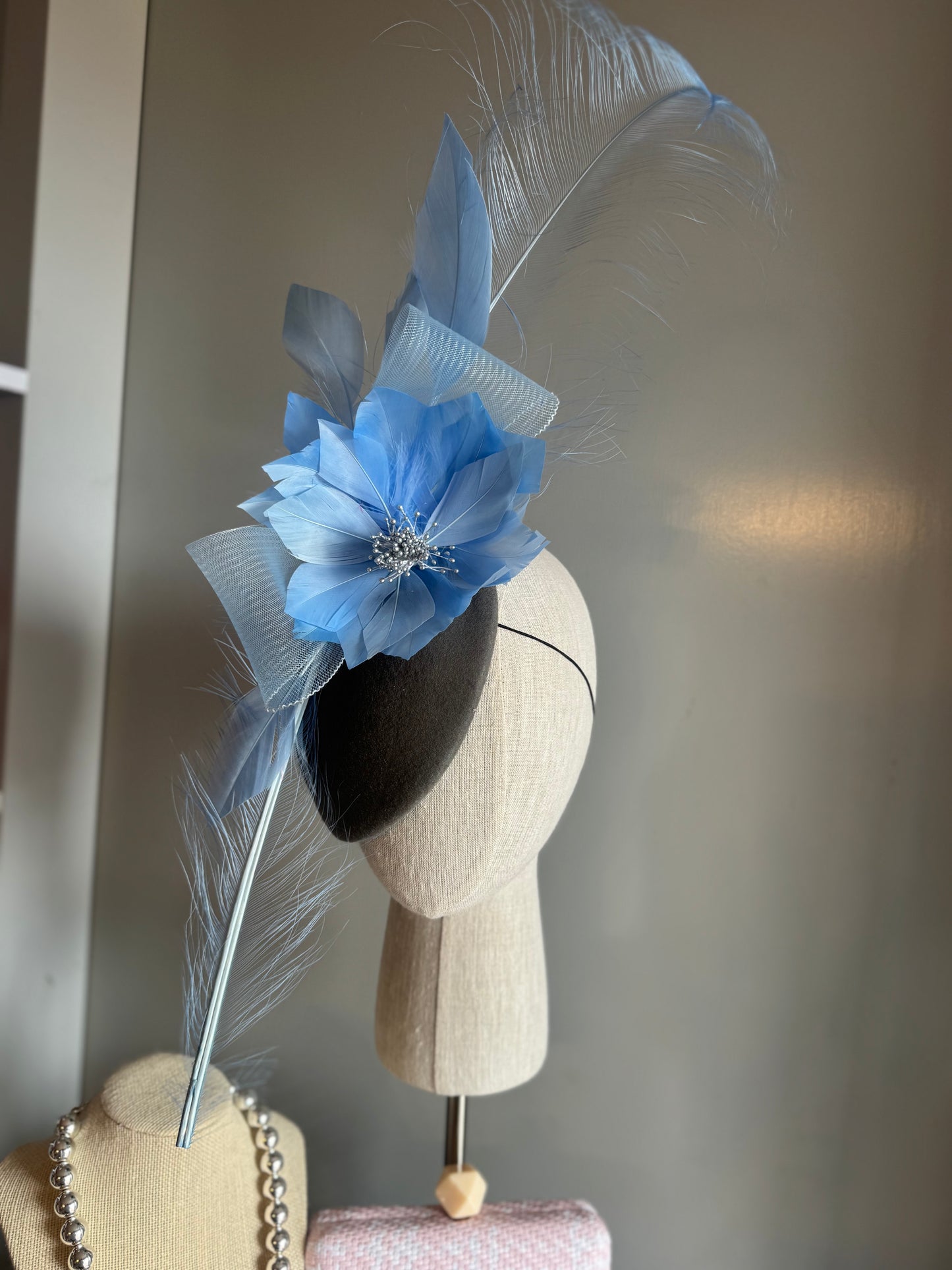 “Peta” blue & slate statement felt/wool pillbbox