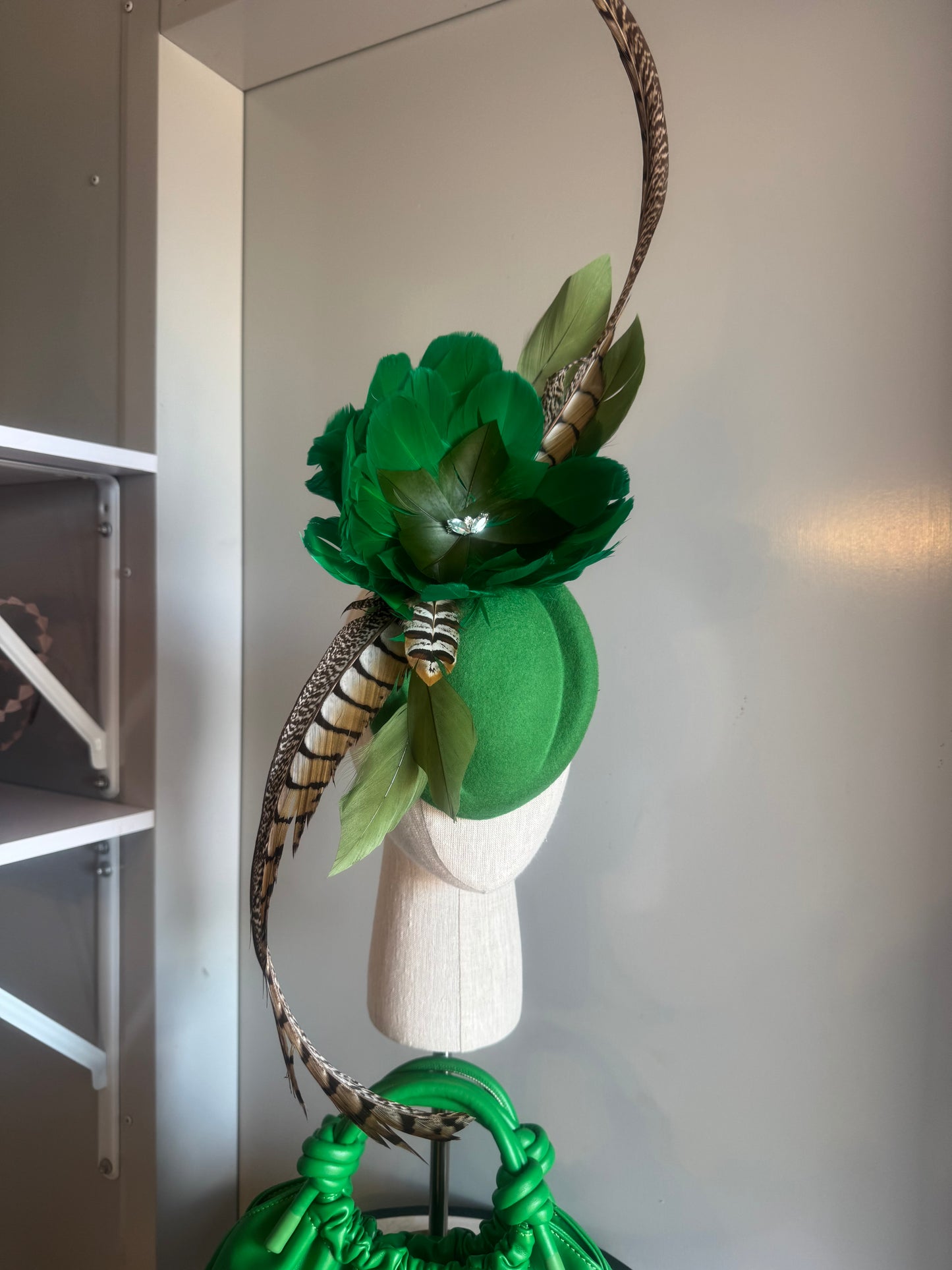 “Carla” Green feather statement felt/wool pillbox