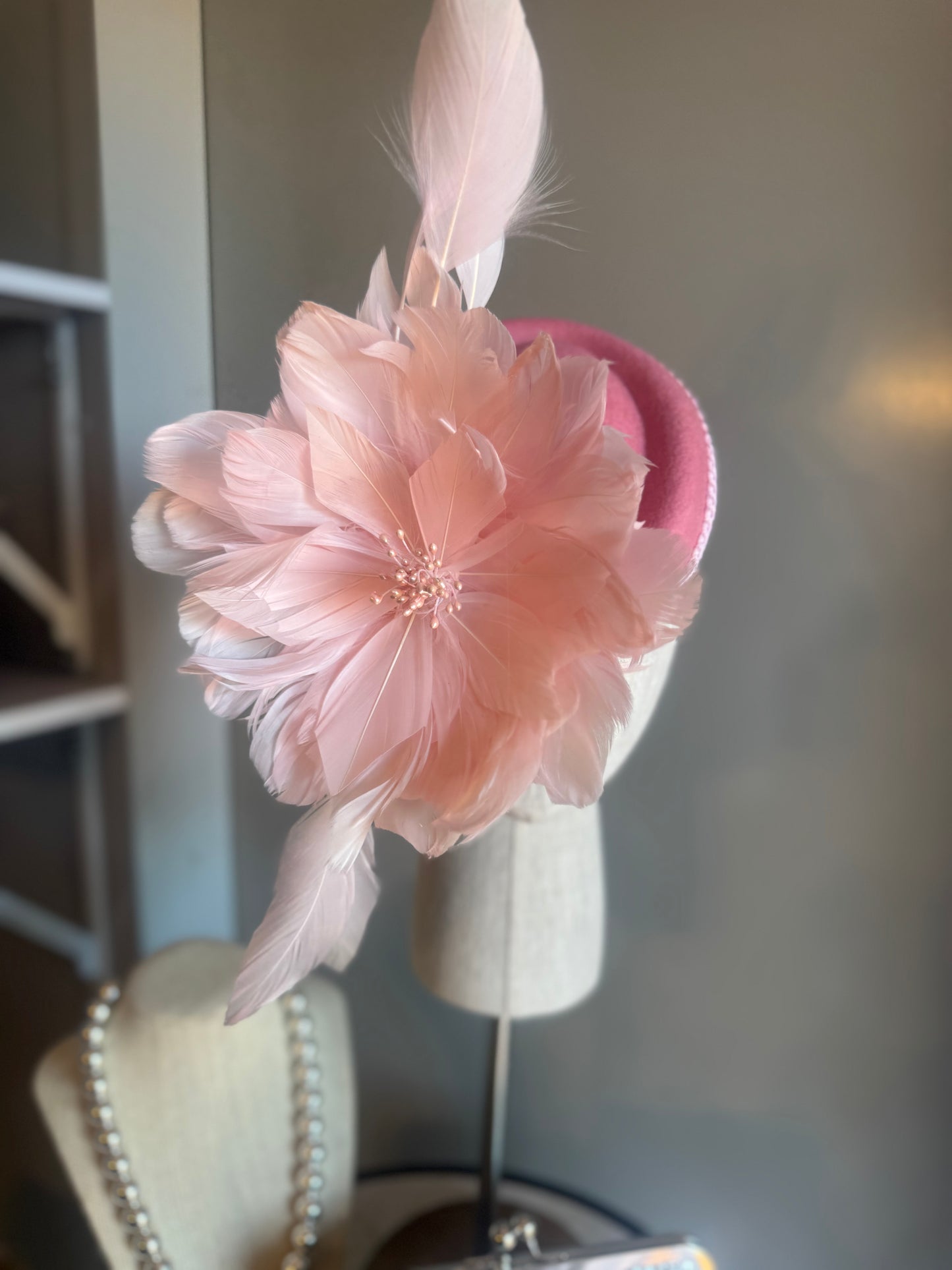 “Merridi” pink feather statement pillbox