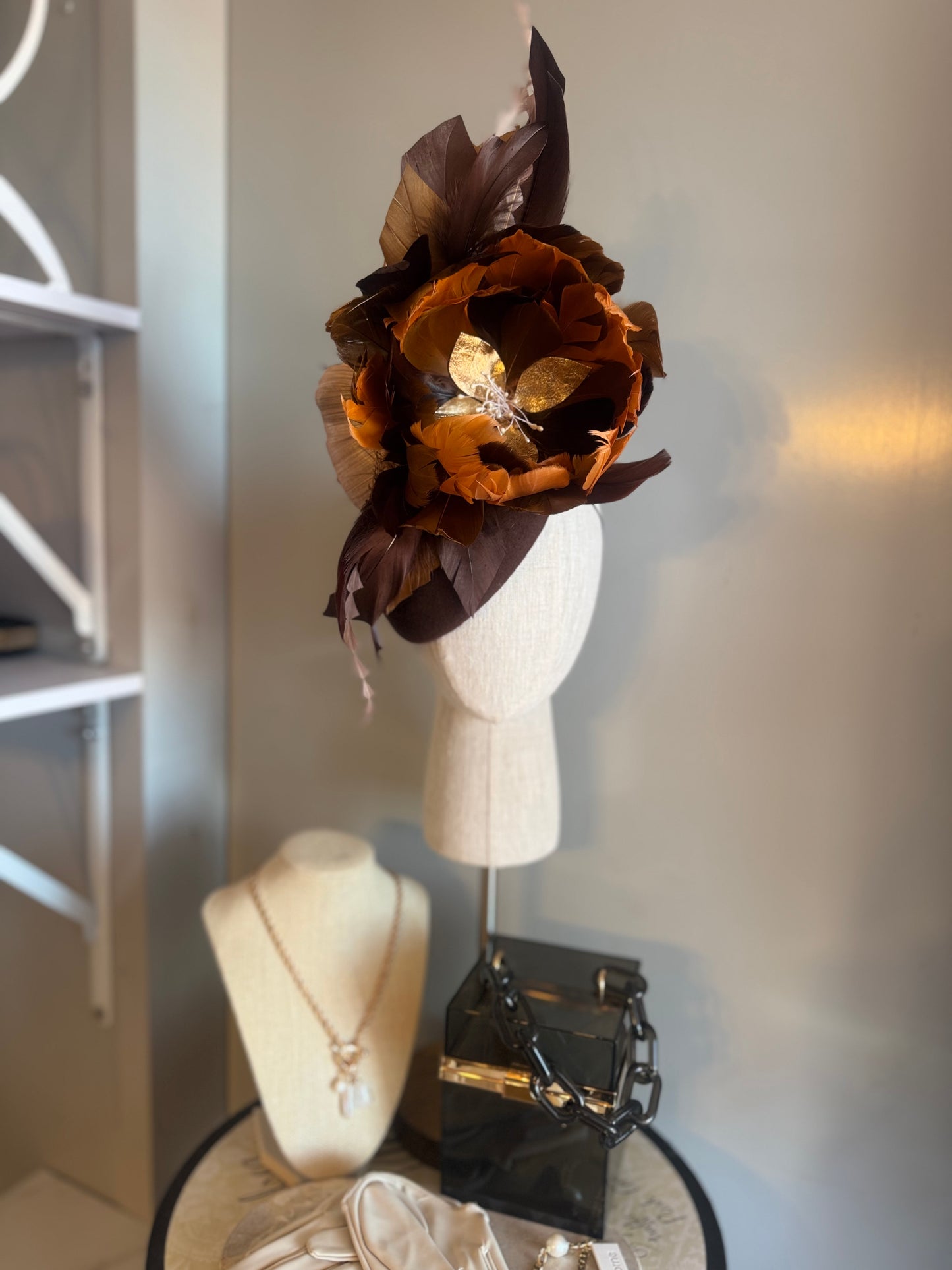 “Jilly” brown & burnt orange feather pillbox