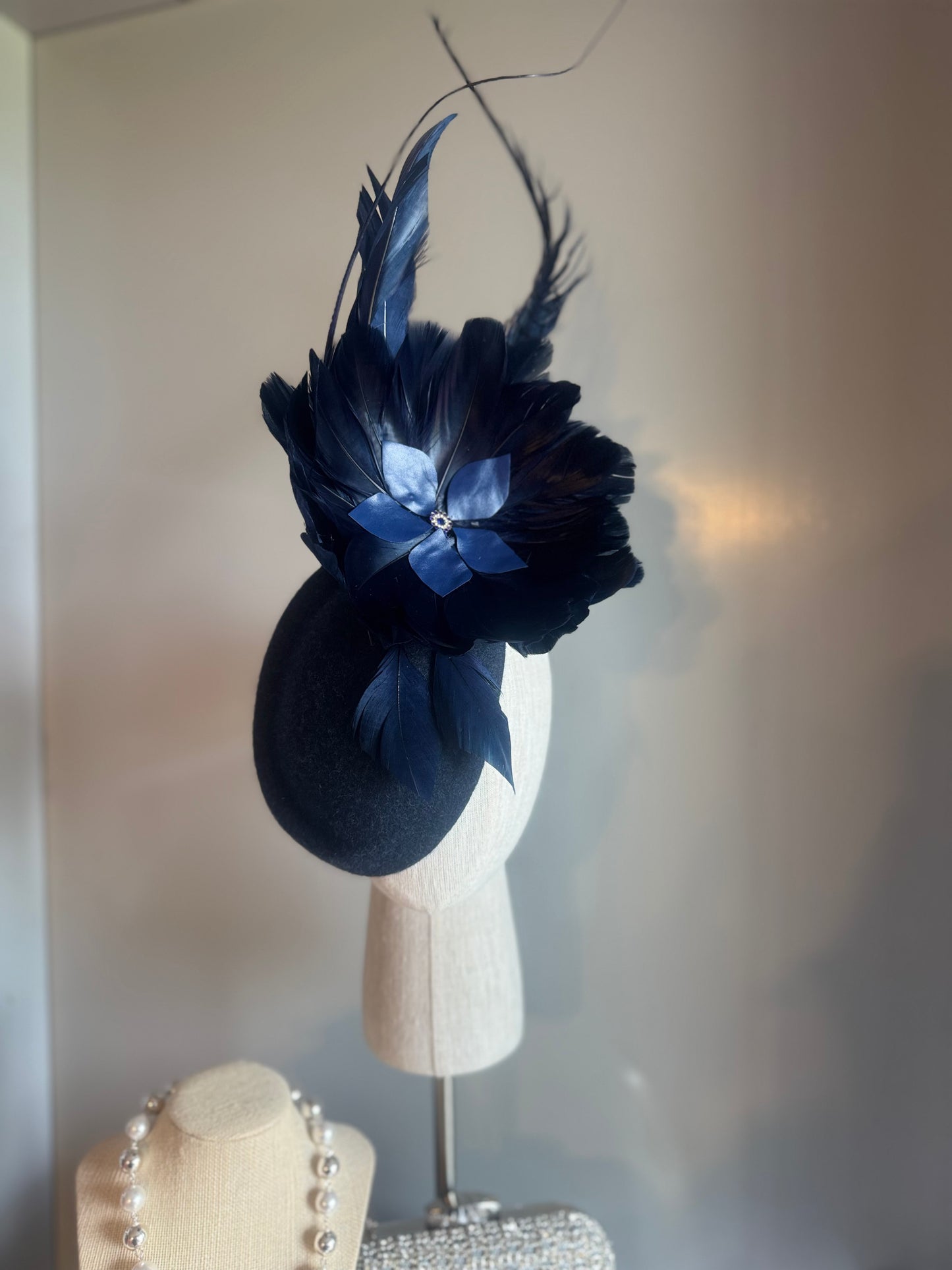 “Morgan” Navy feather statement pillbox