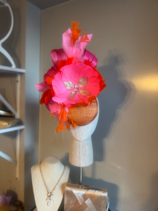 “Eleni” orange, pink & rose gold feather statement