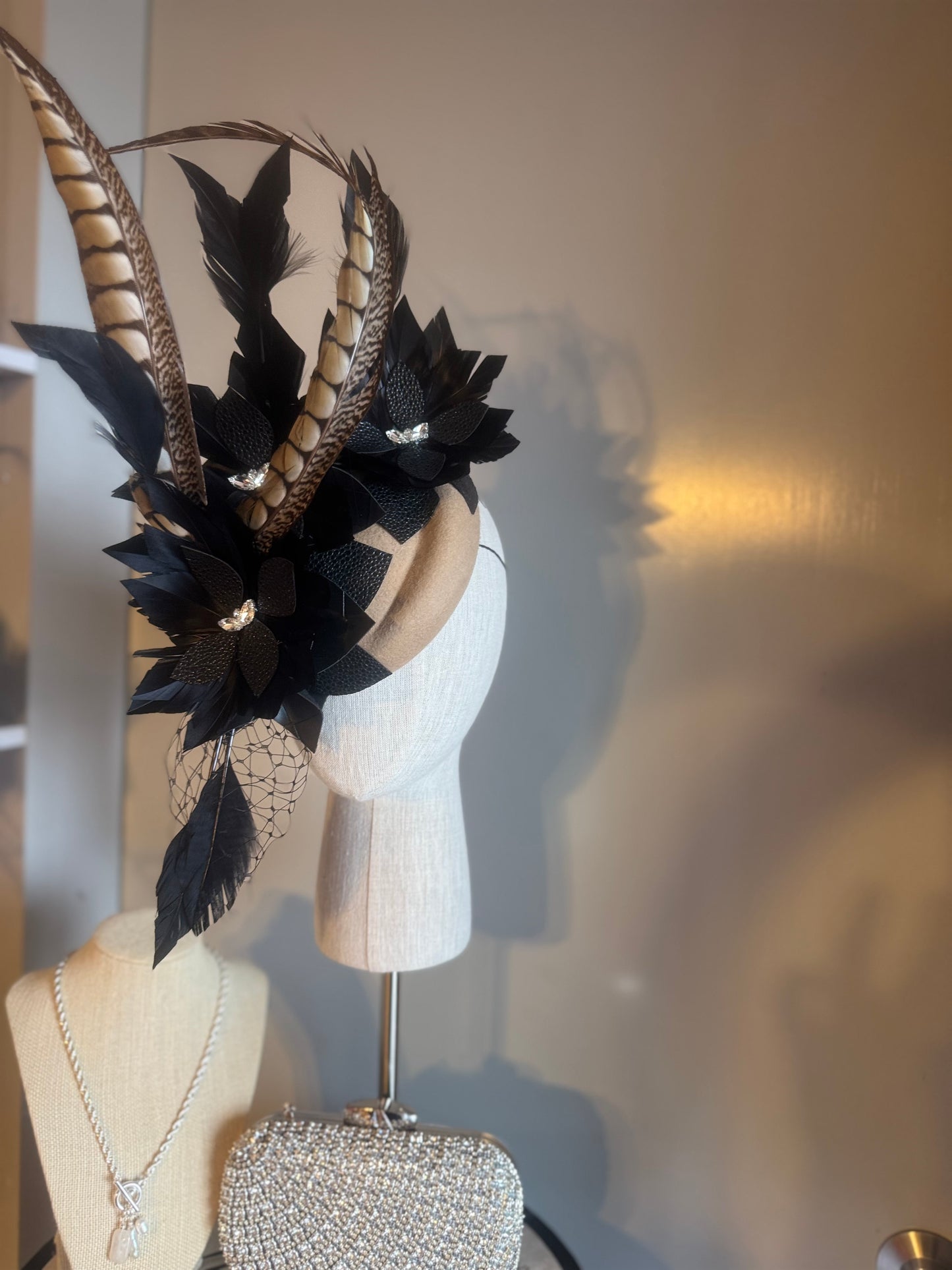 “Dimity” black latte feather pleather statement pillbox