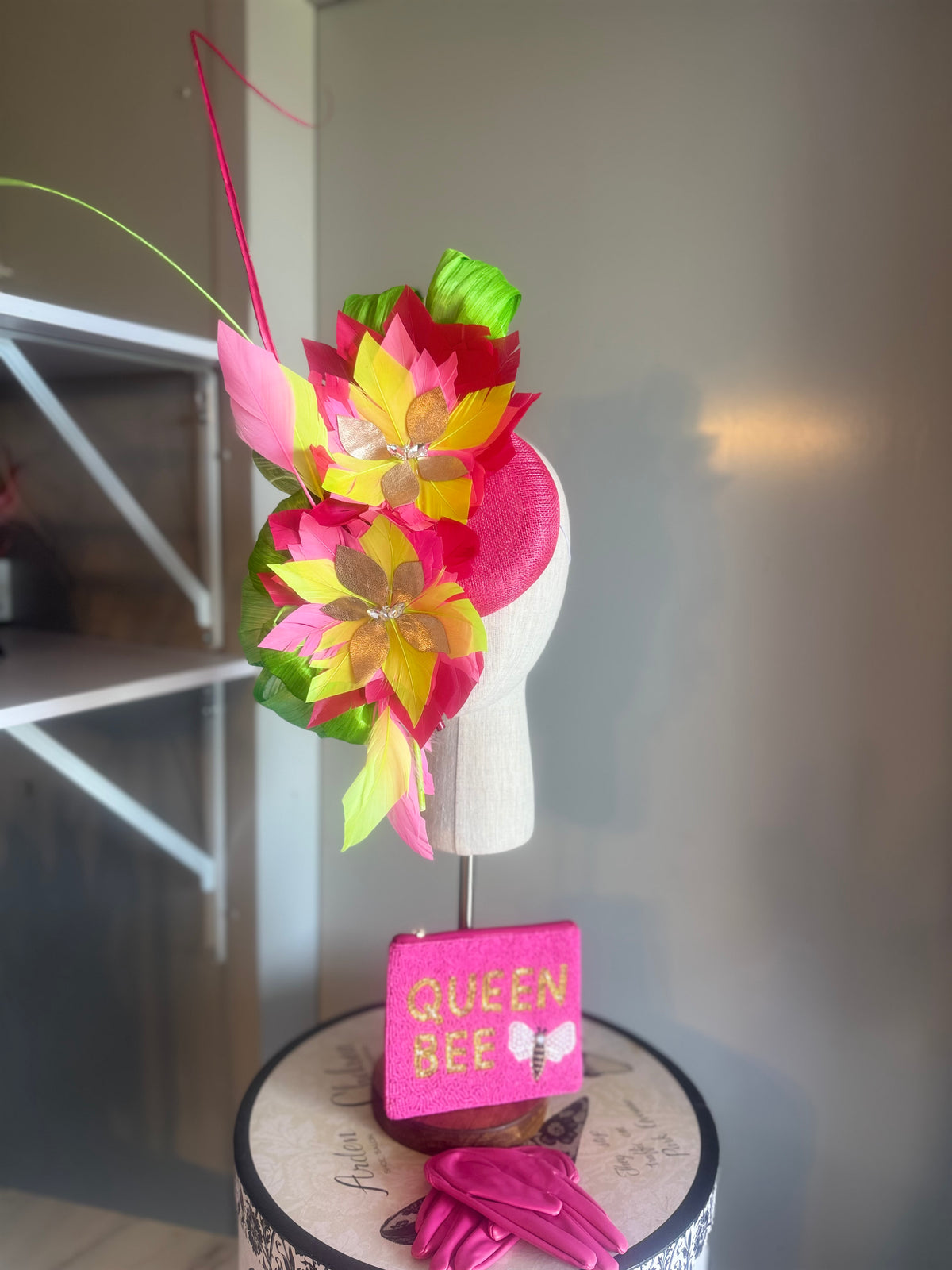 “Morgan” hot pink,neon lime green feather statement