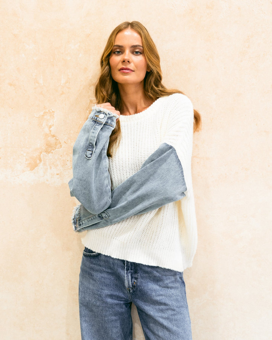 Ebby & I denim sleeve knit jumper white/denim M/L