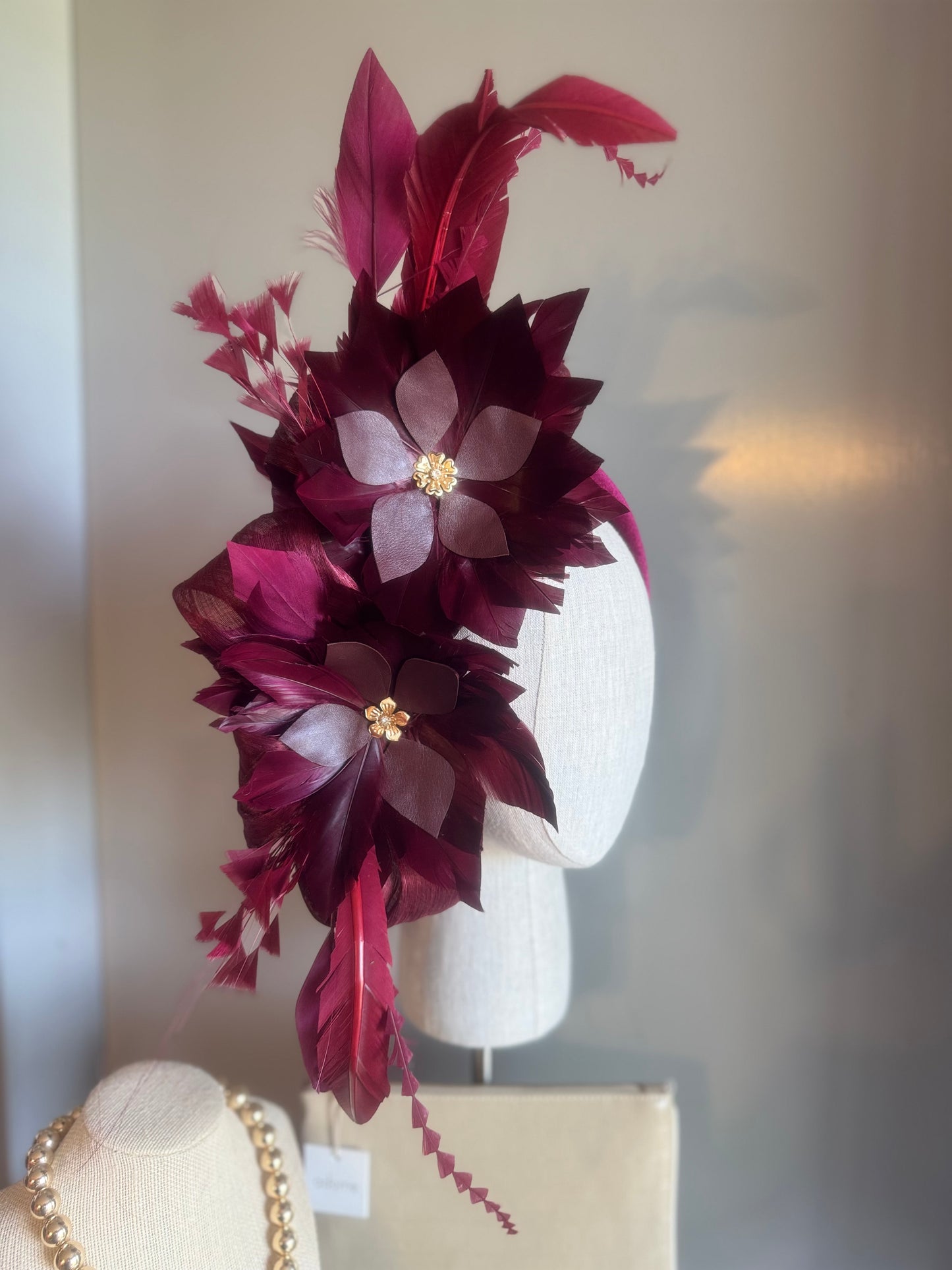 “Jenny” burgundy feather statement