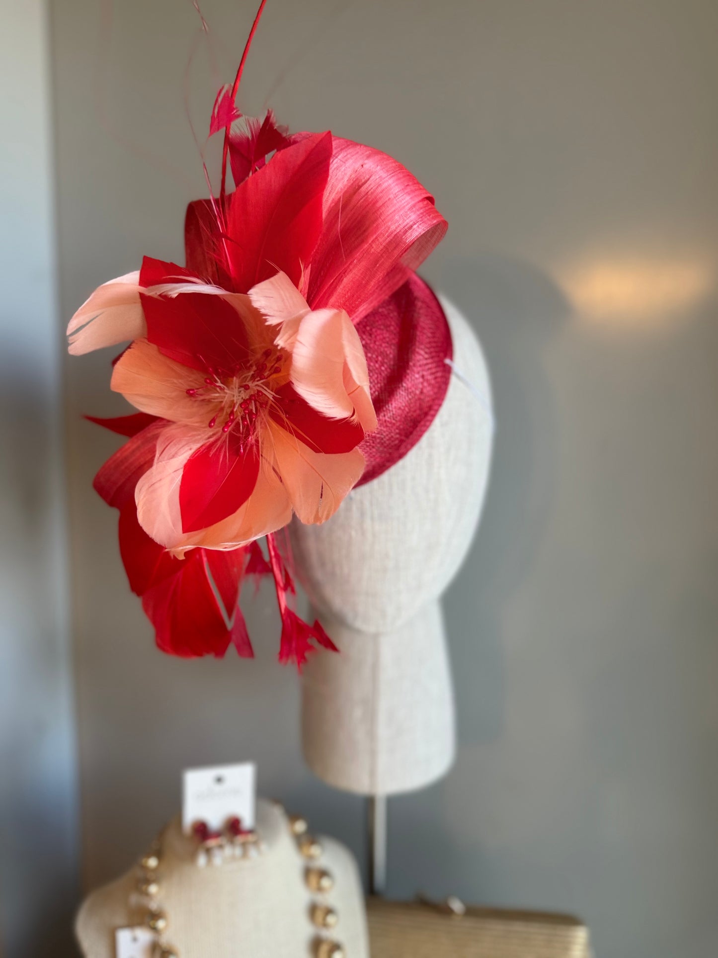 “Sara” coral & red floral fascinator