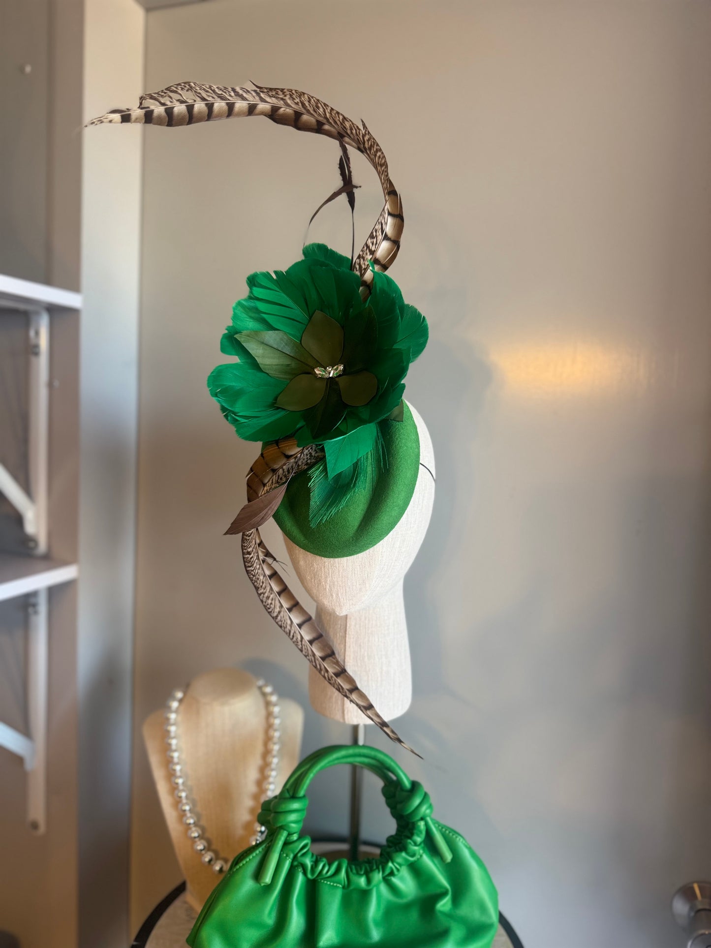 “Sim” Green feather statement pillbox