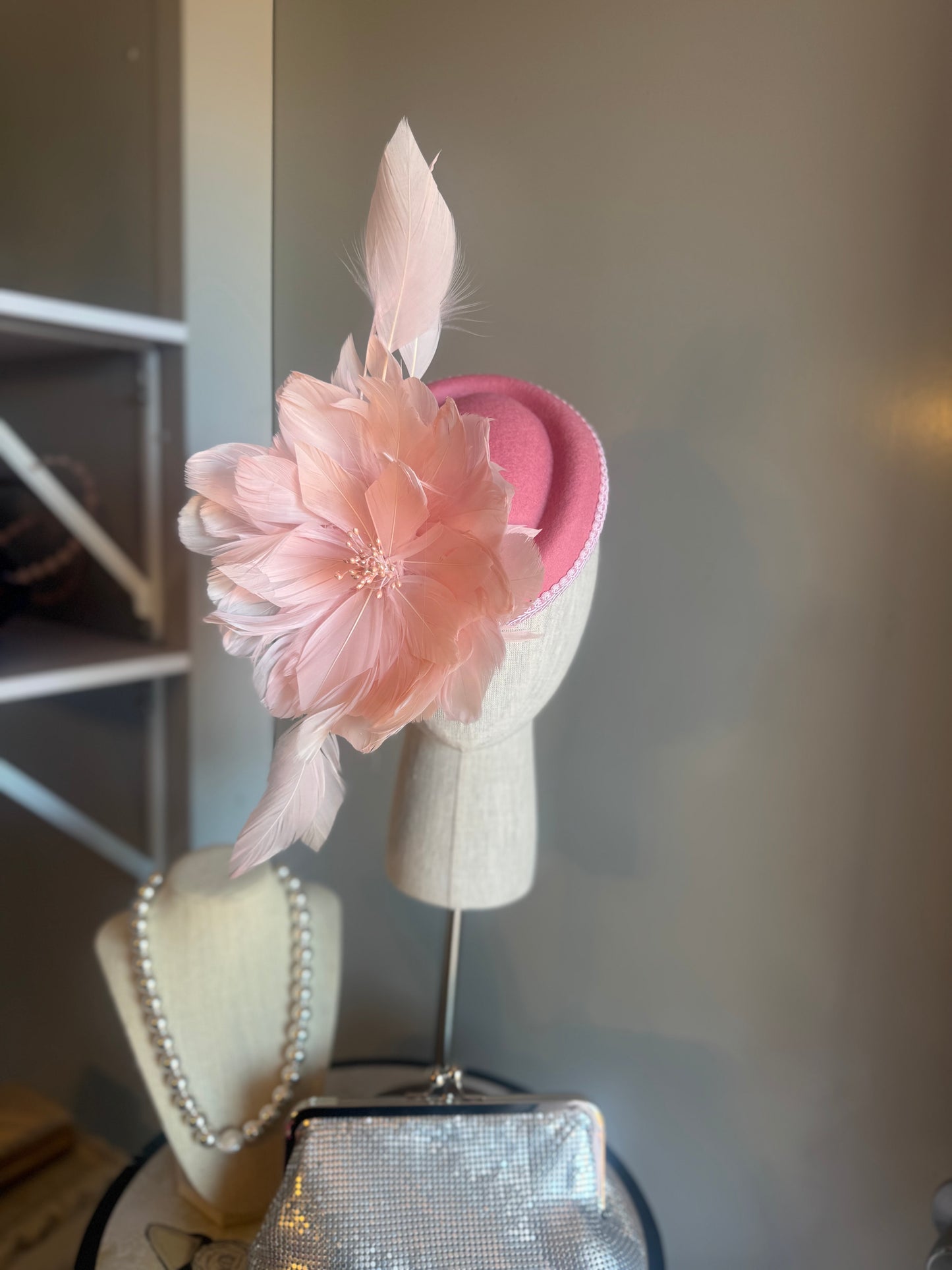 “Merridi” pink feather statement pillbox