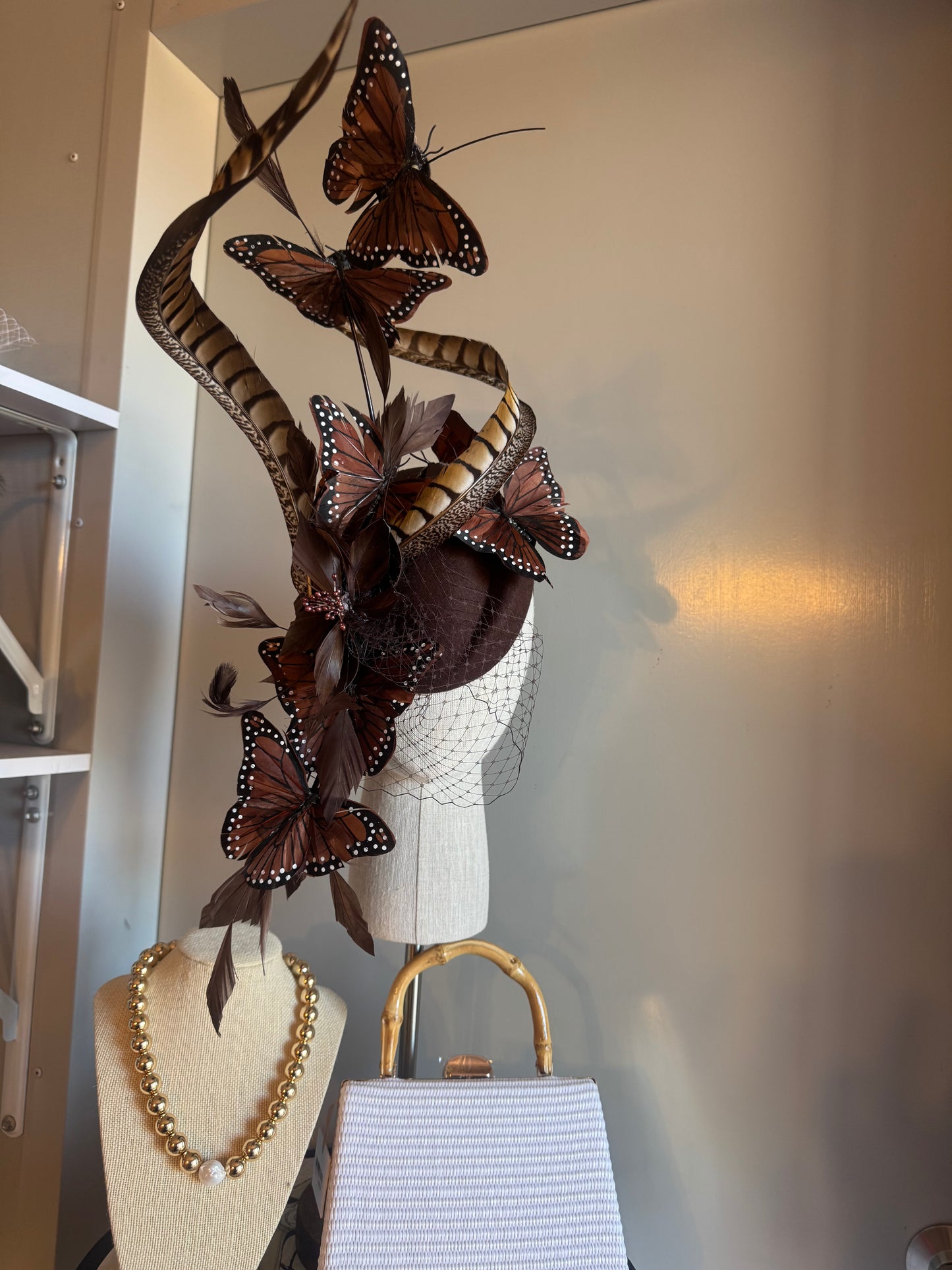 “Ziggy” brown feather butterfly statement pillbox