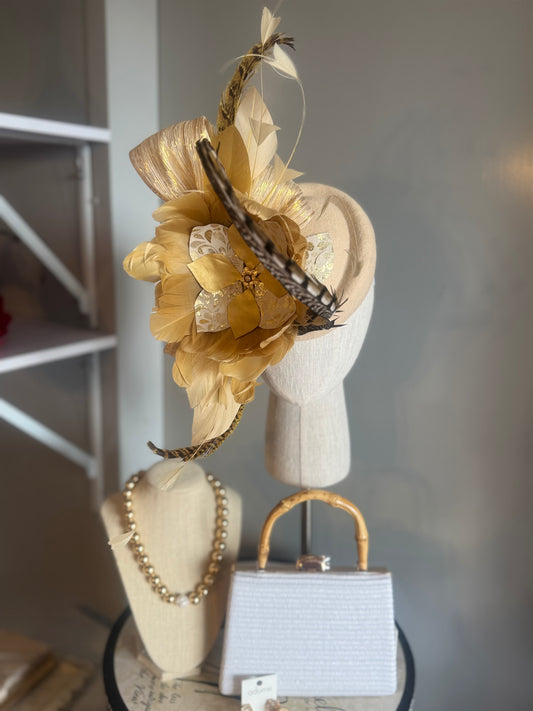 “Lettie” Gold & cream felt/wool pillbox