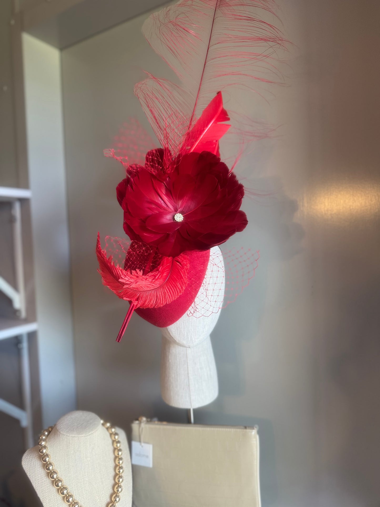 “Porsha” red feather statement pillbox