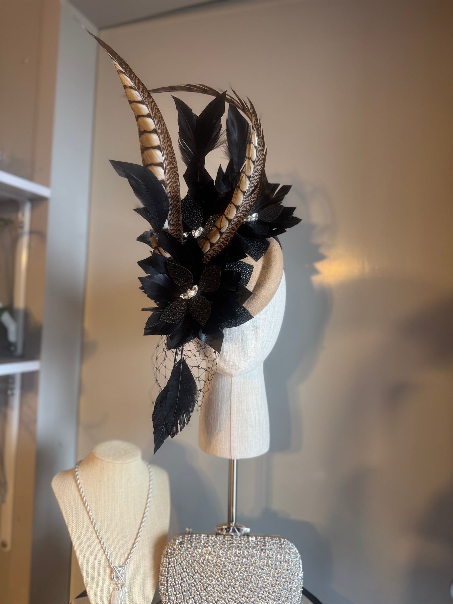 “Dimity” black latte feather pleather statement pillbox