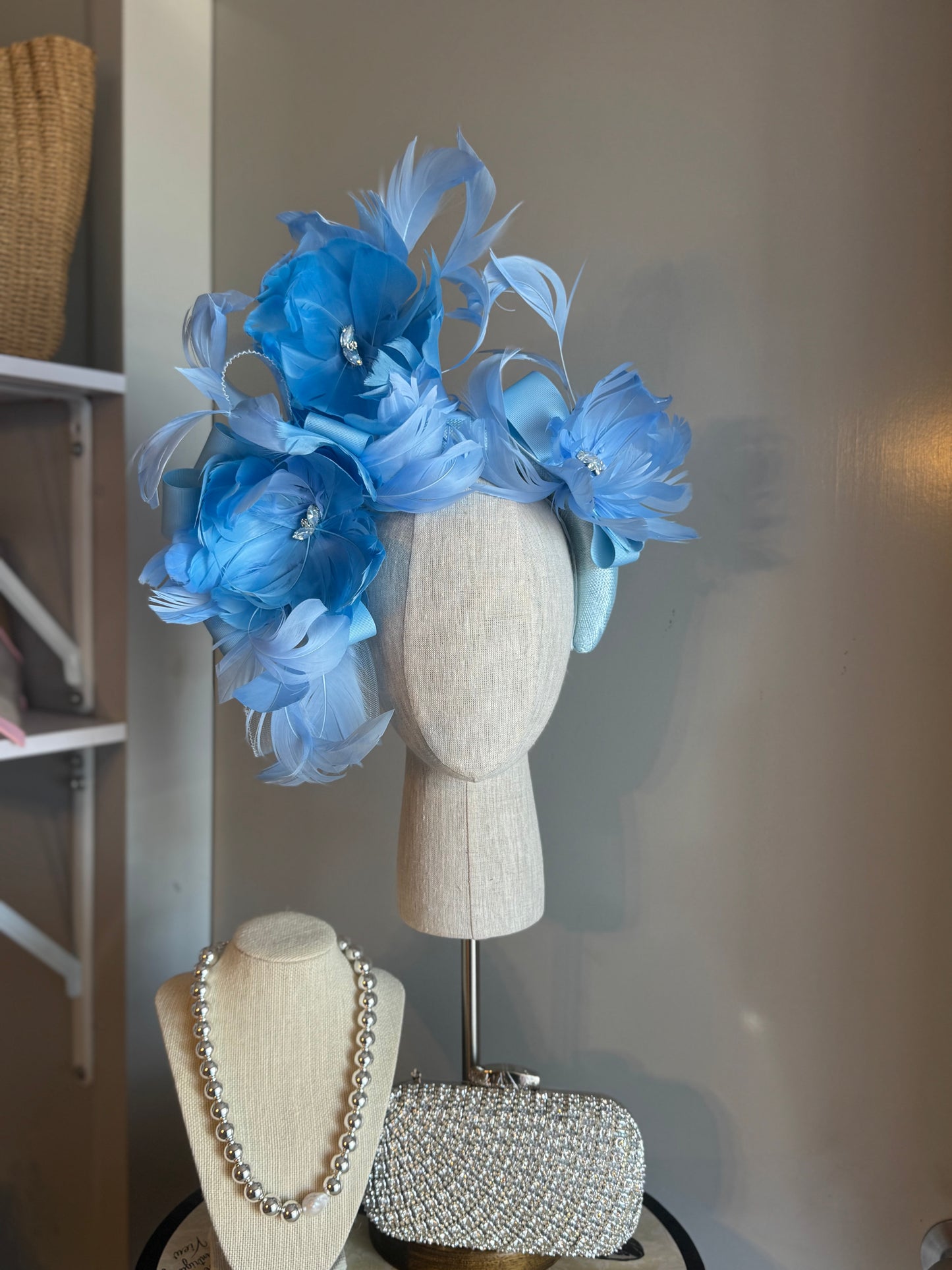 “Leah” blue floral sinamay padded statement headband