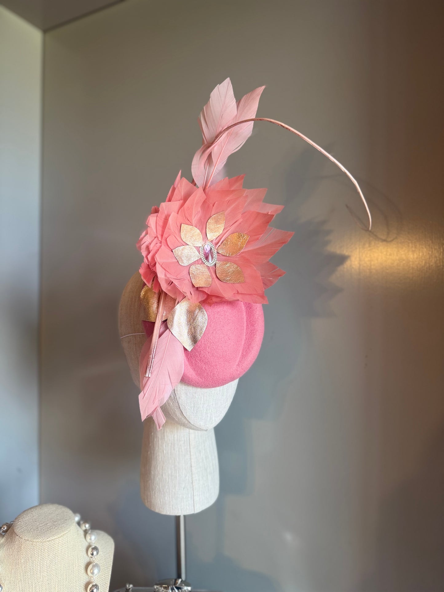 “Trish” pink & Rose gold feather statement