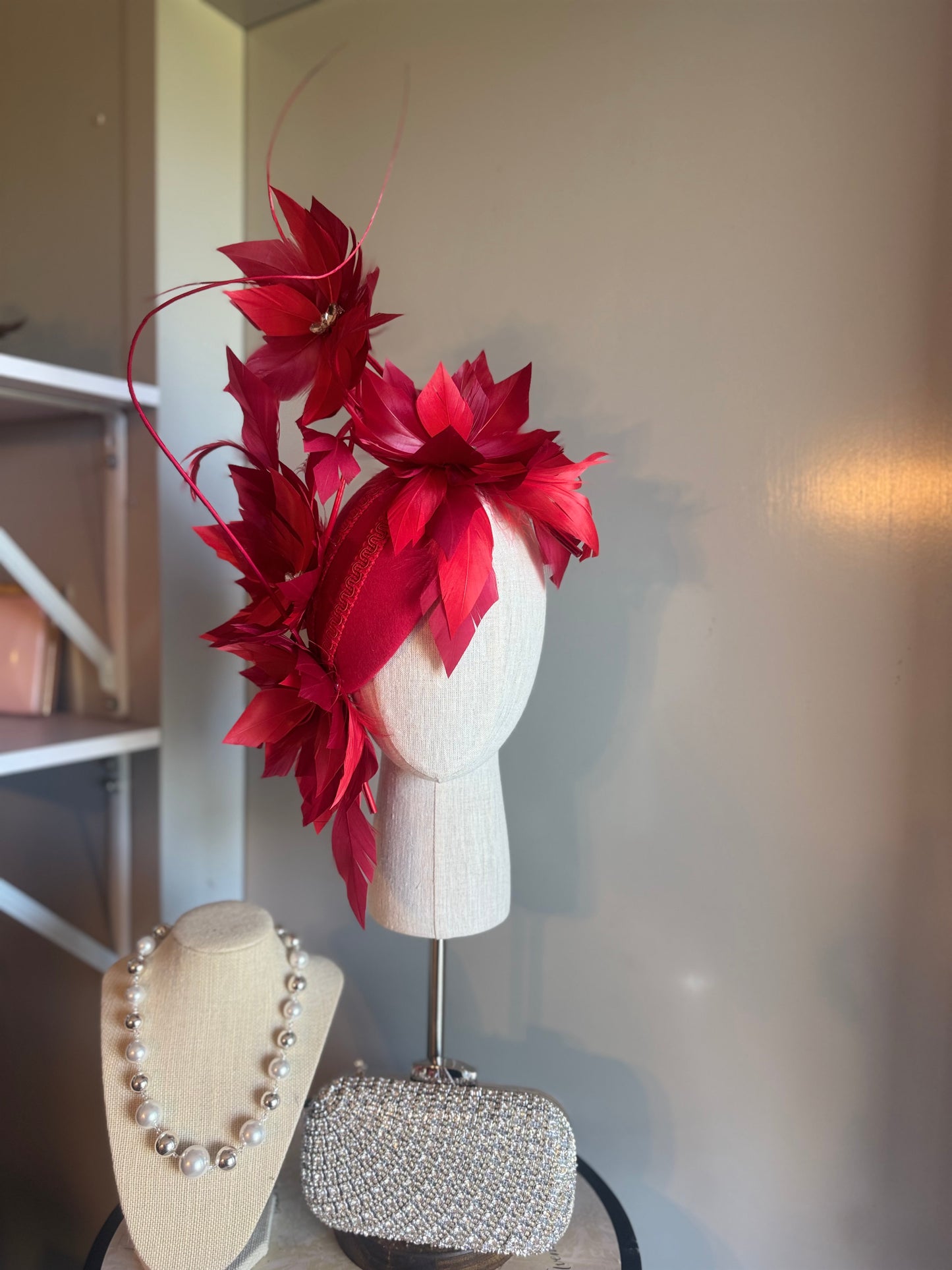 “Odette” Red feather statement felt/wool pillbox