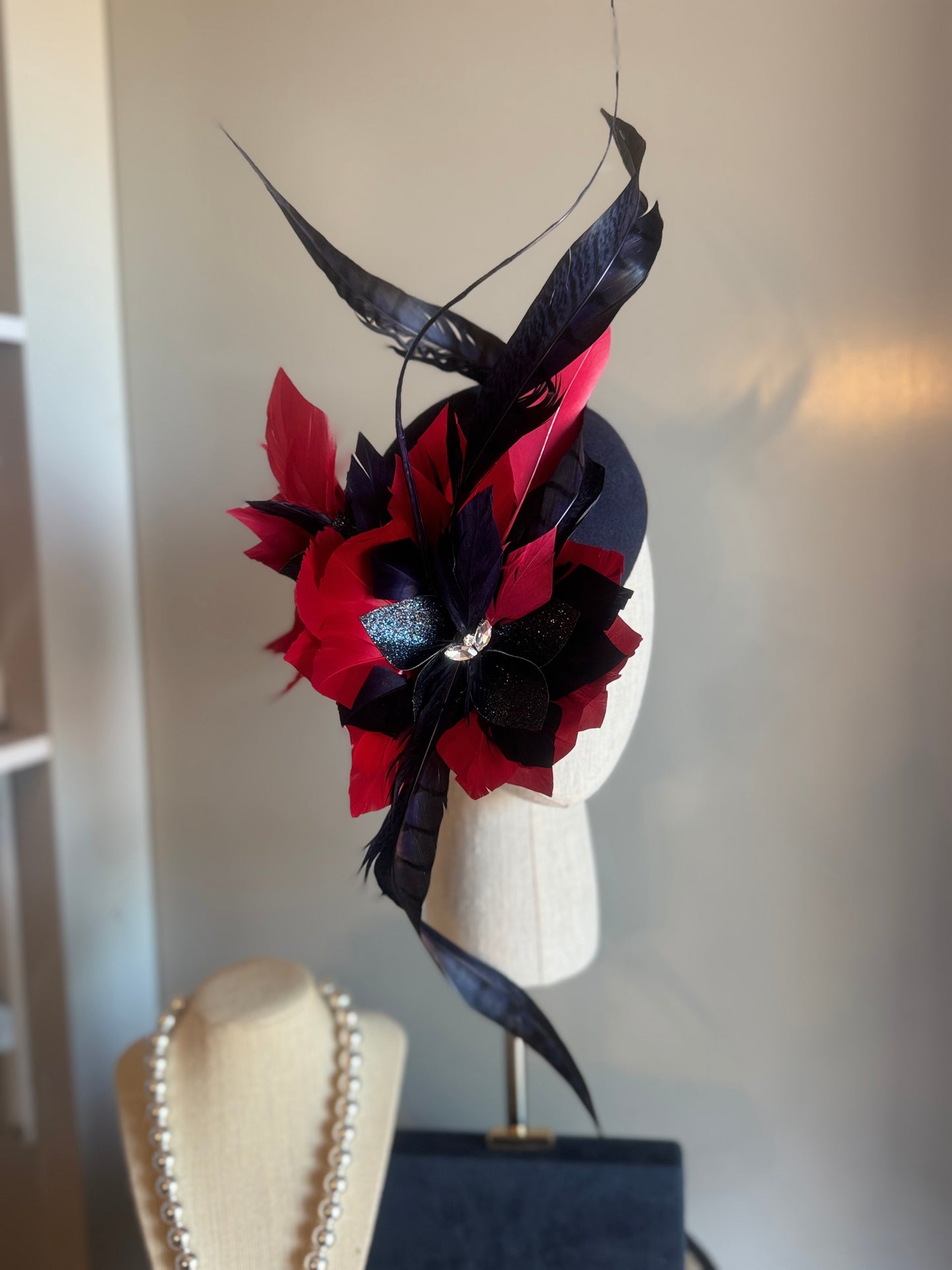 “Farrah” Navy & red statement felt/wool pillbox