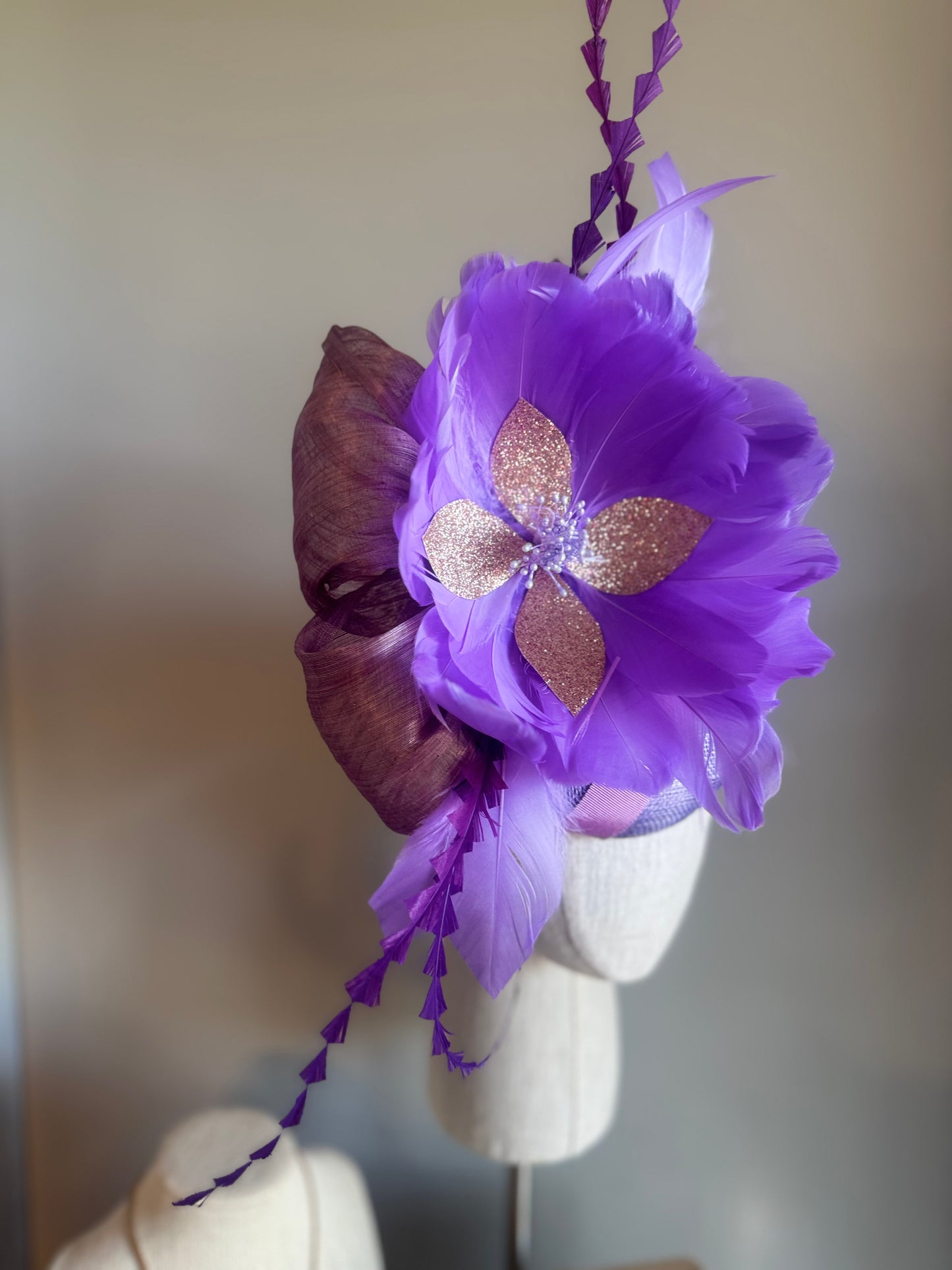 “Audrey” purple lilac rose gold feather floral