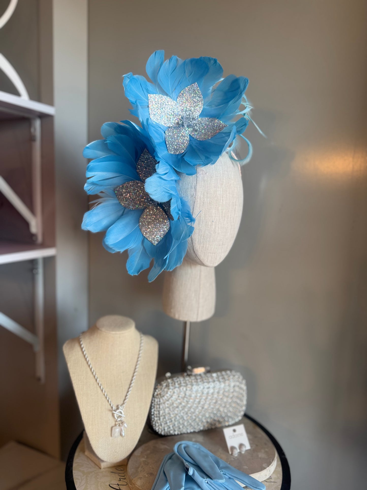 “Jeanada” baby blue & silver feather statement