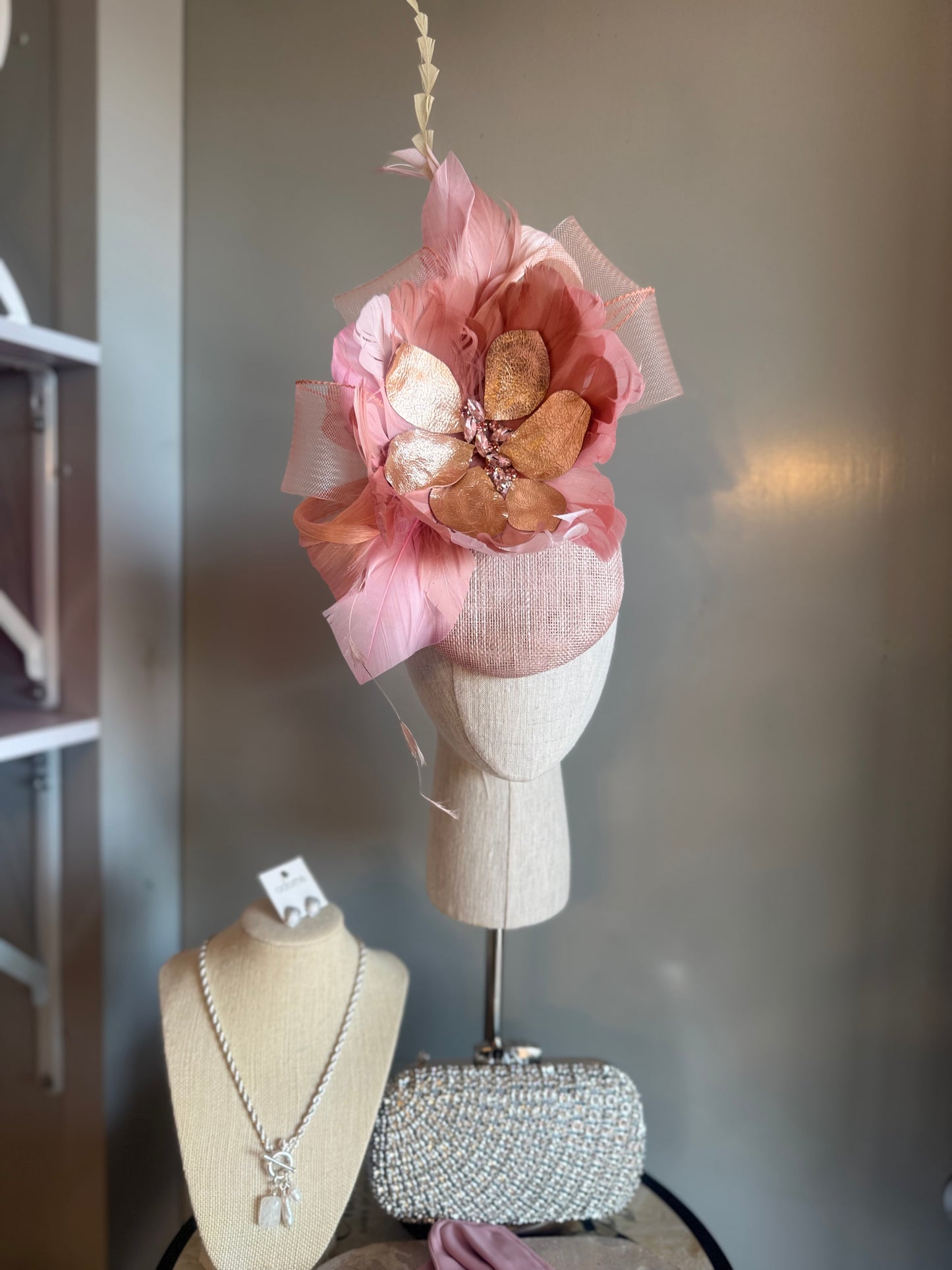 “Cindy” blush, Rose gold & soft pink feather floral