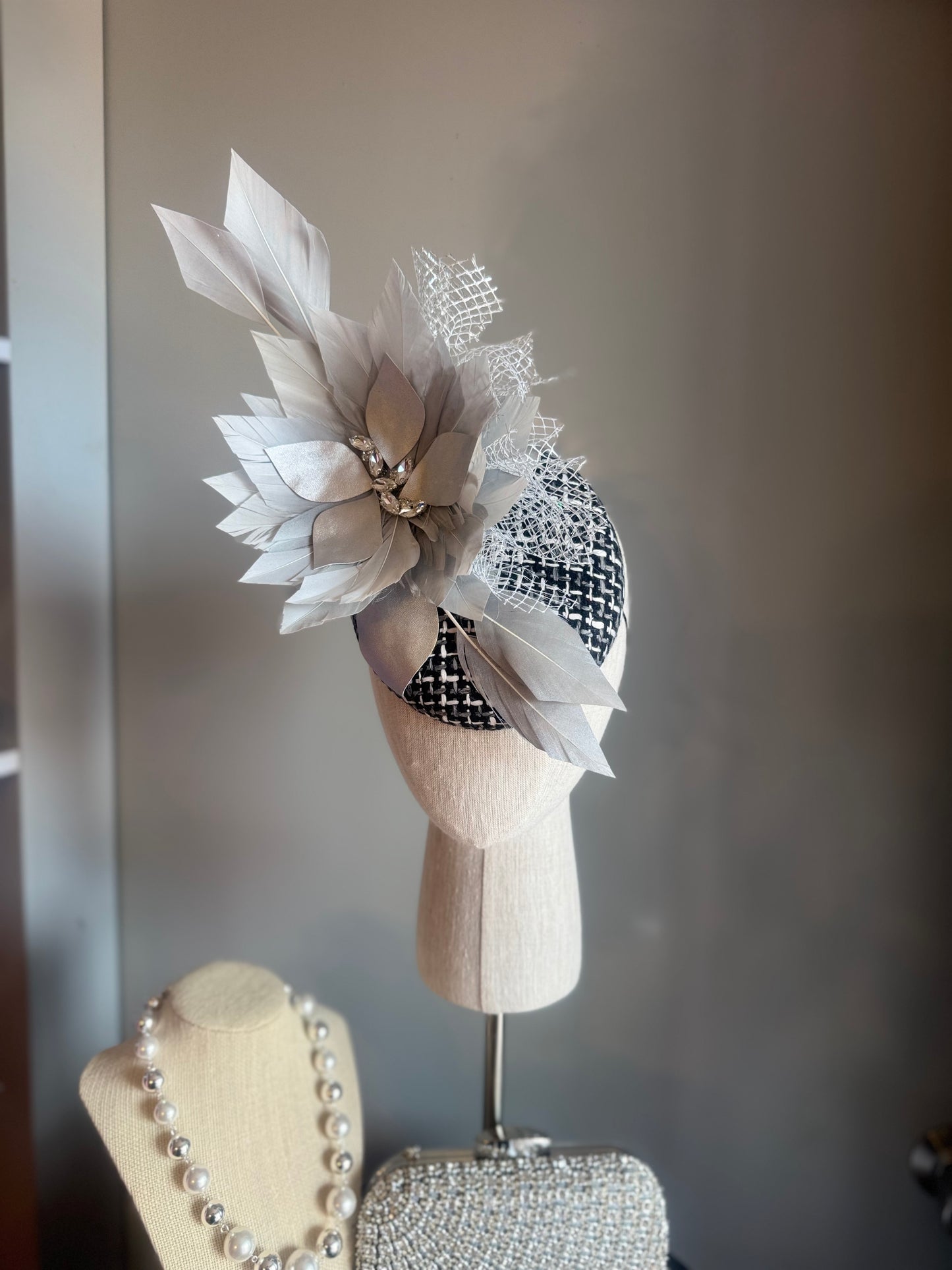 “Beatrice” Silver grey, black & white feather felt/wool statement