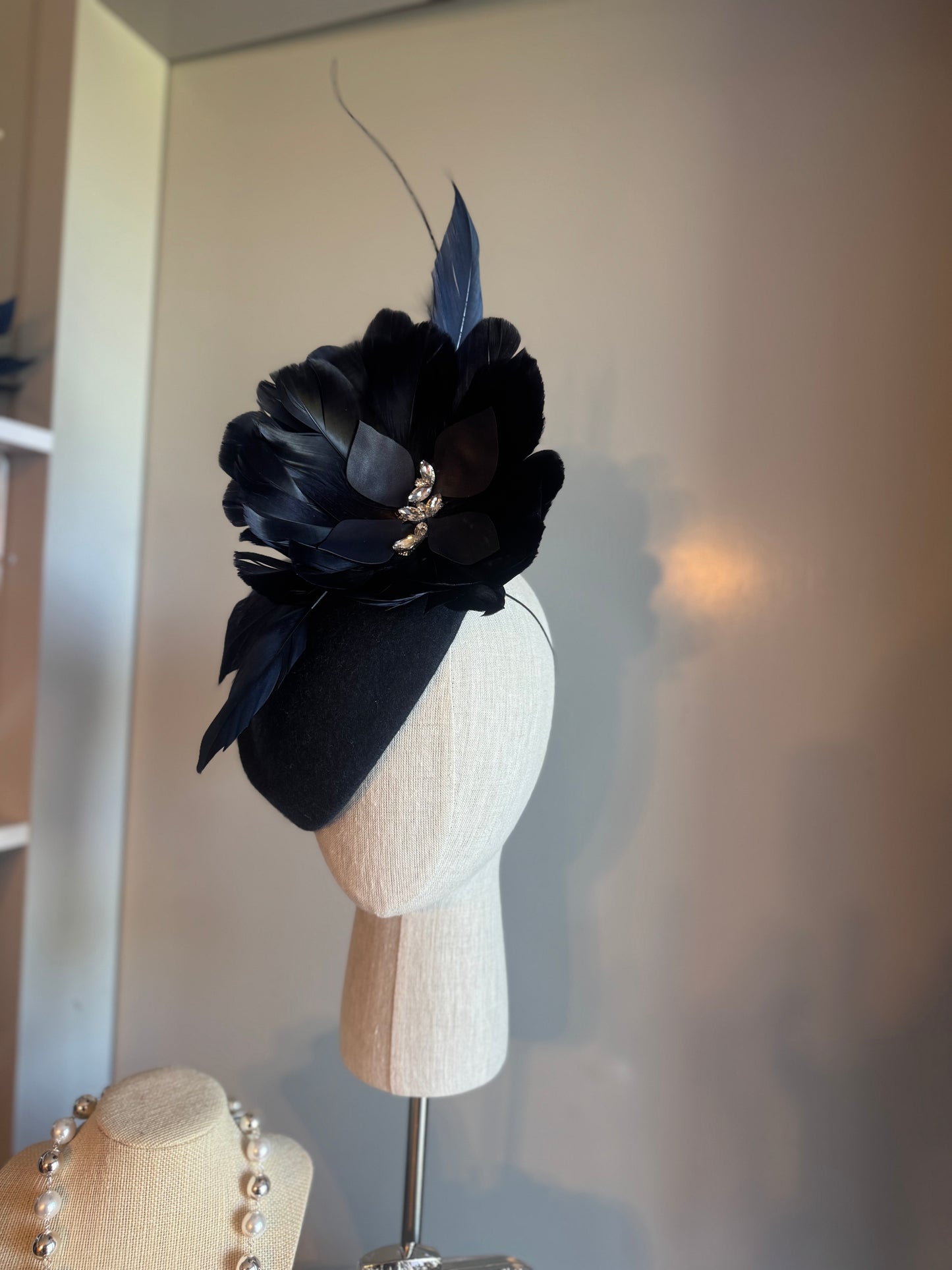 “Ashley” Navy feather statement pillbox