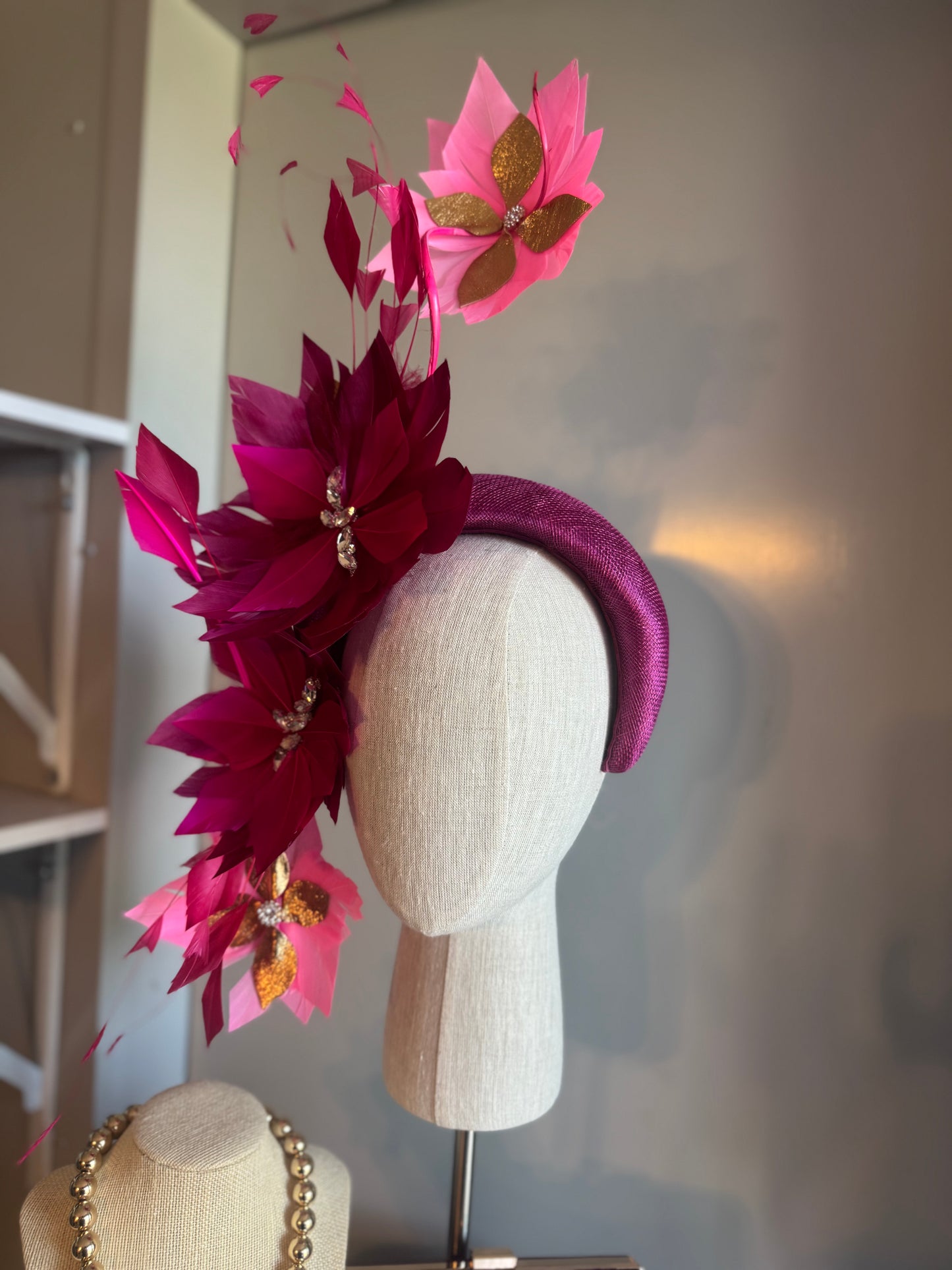 “Bridgette” magenta hot pink & gold feather statement