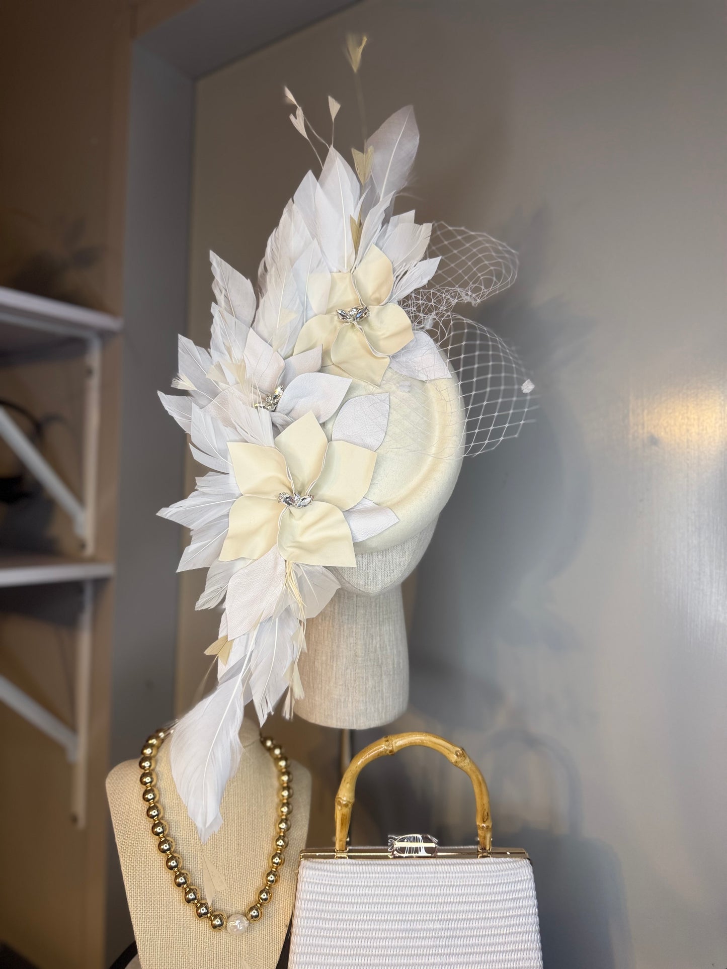 “Claudette” white & cream leather felt/ wool and feather statement