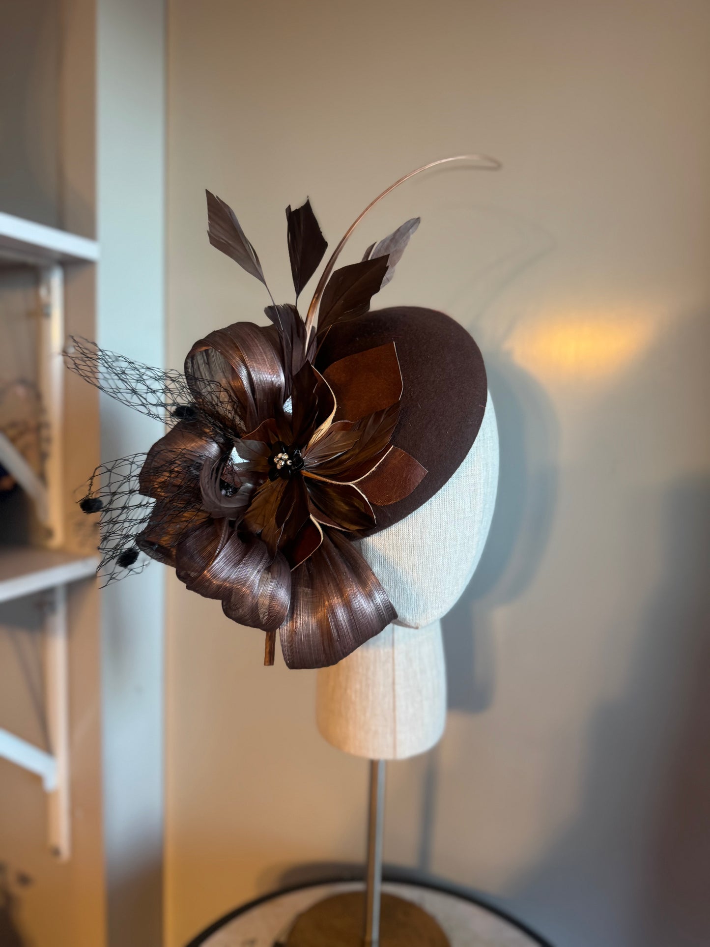 “Lucy” chocolate & black felt/wool pillbox