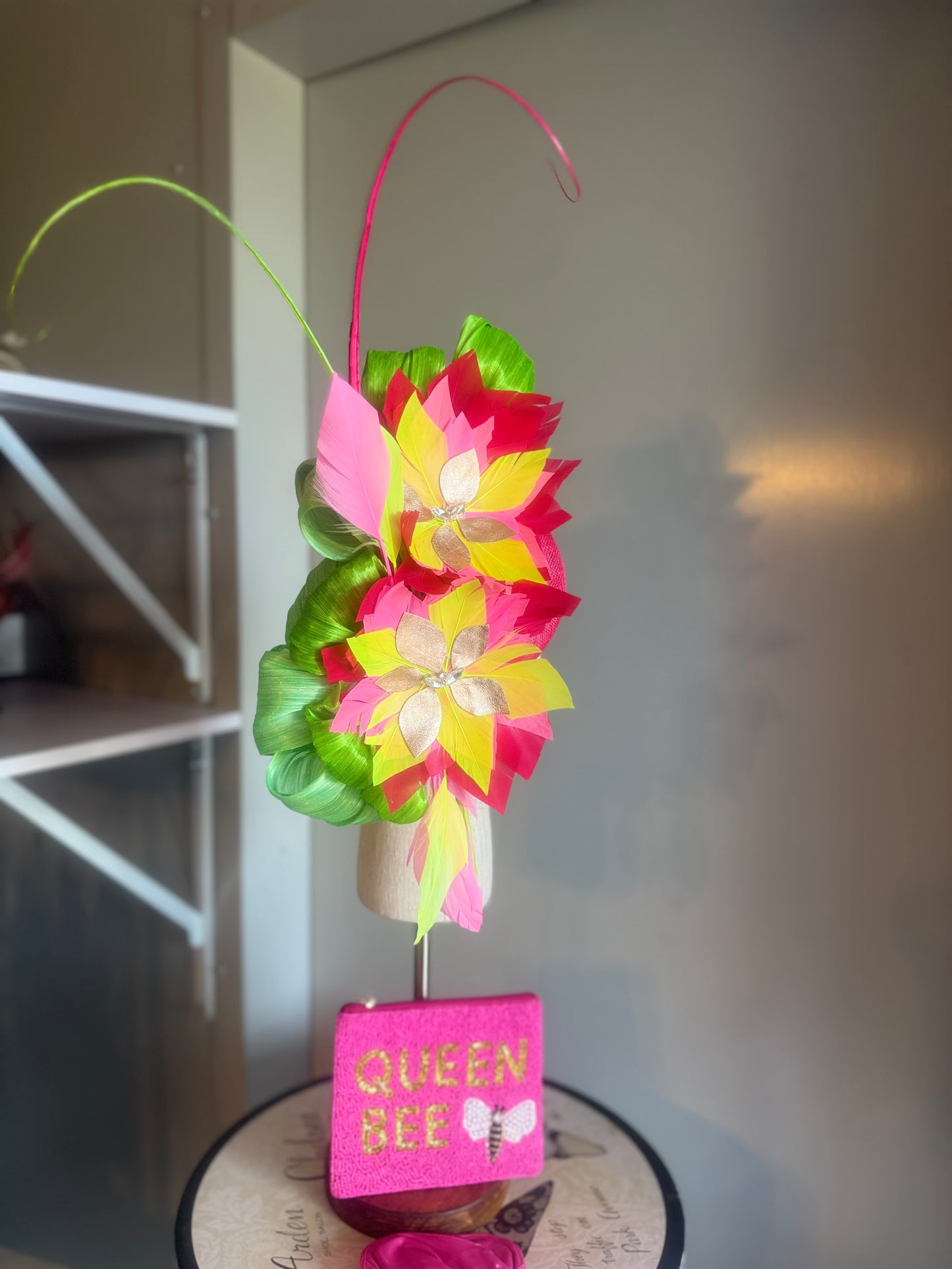 “Morgan” hot pink,neon lime green feather statement