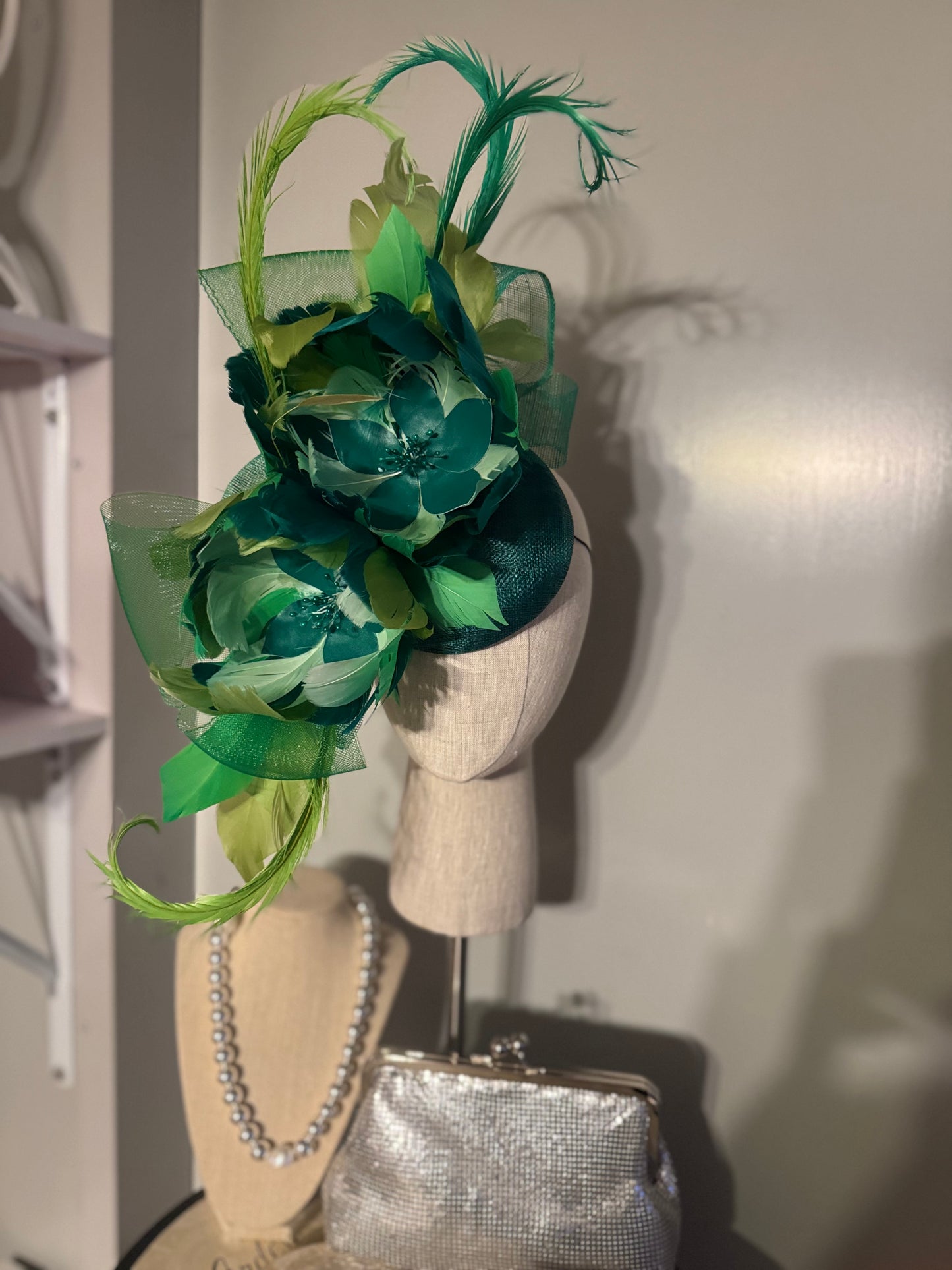 “Simmie” Green feather floral statement