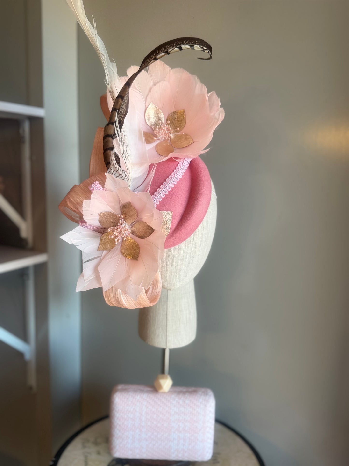 “Jessie” pink feather statement felt/wool pillbox