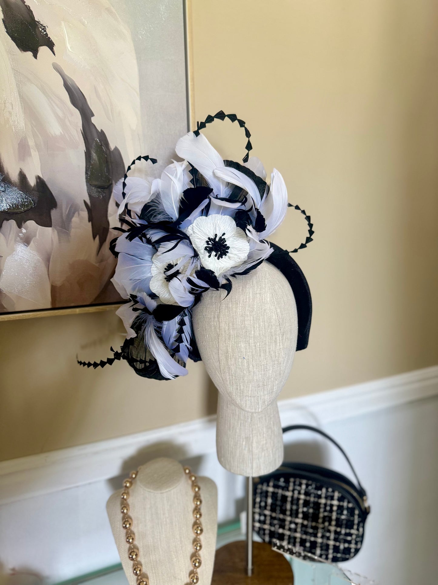 “Candice” black and white feather floral