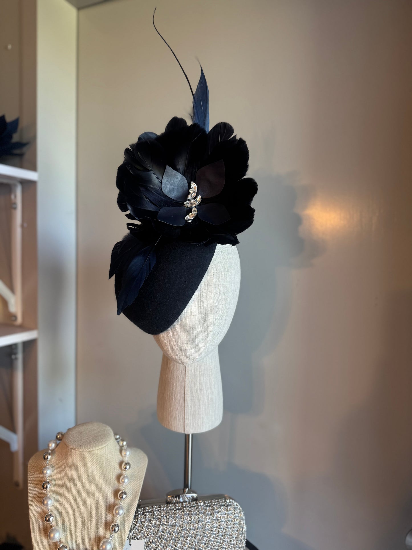 “Ashley” Navy feather statement pillbox