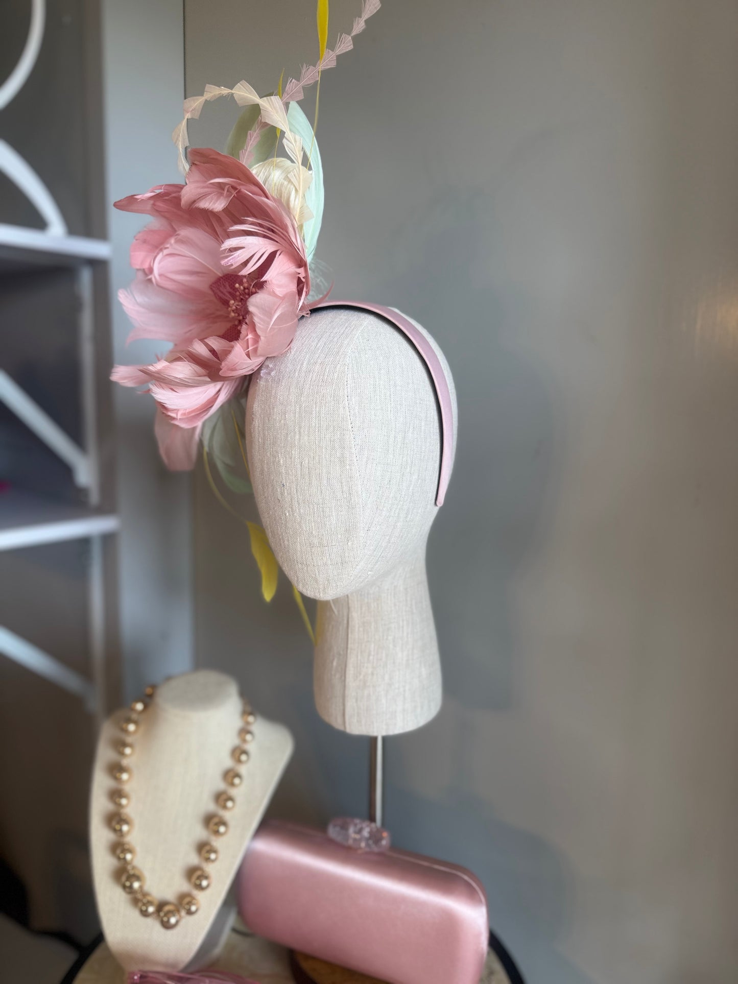 “Fleur” soft pinks,greens & yellow feather floral